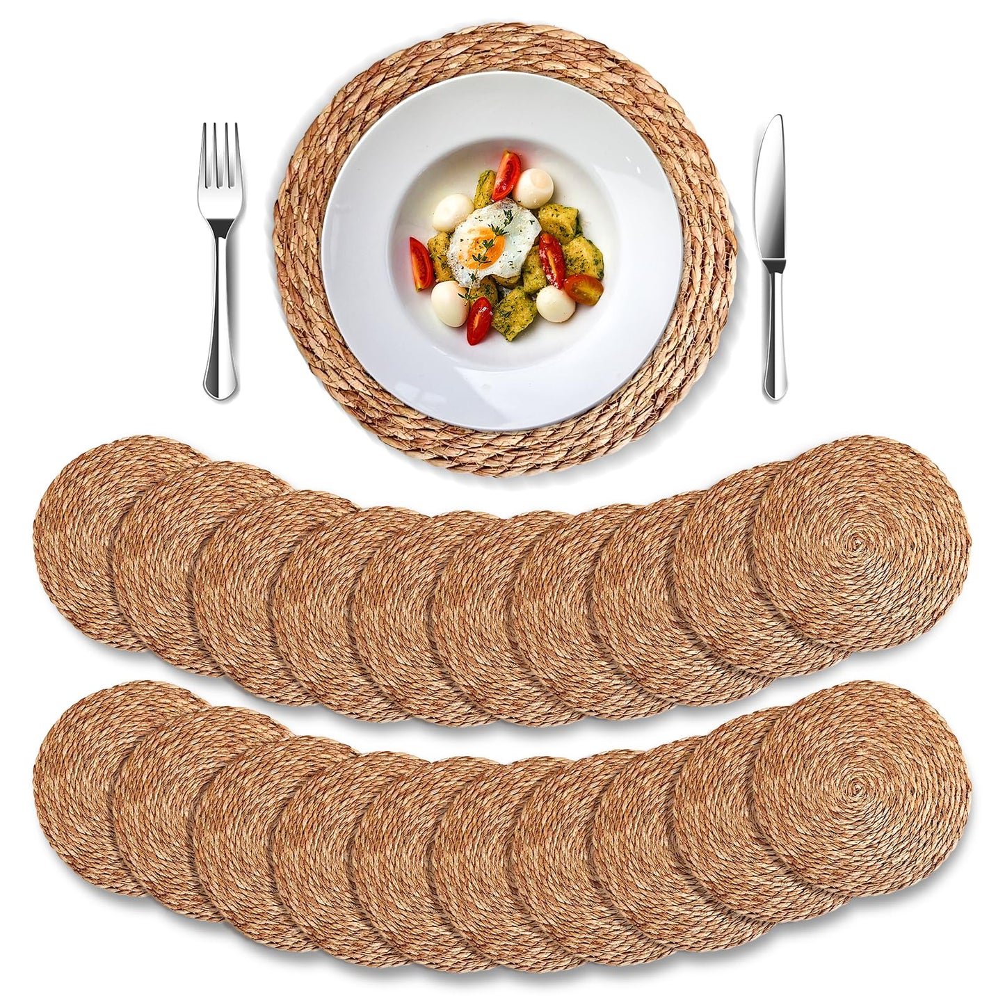 DRKSBesto Round Woven Placemats 13 inch Set of 20, Boho Rattan Placemats, Farmhouse Weave Place Mats, Rustic Braided Wicker Table Mats for Dining Table,Home and Wedding