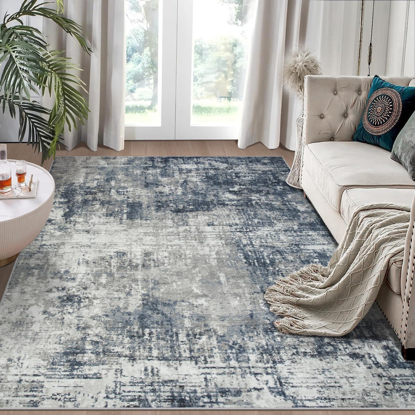 6x9 Area Rugs for Living Room Rug Washable: Modern Rug for Dining Room Bedroom Carpet Non Slip Low Pile 6 by 9 Indoor Abstract Nursery Home Office Blue Grey