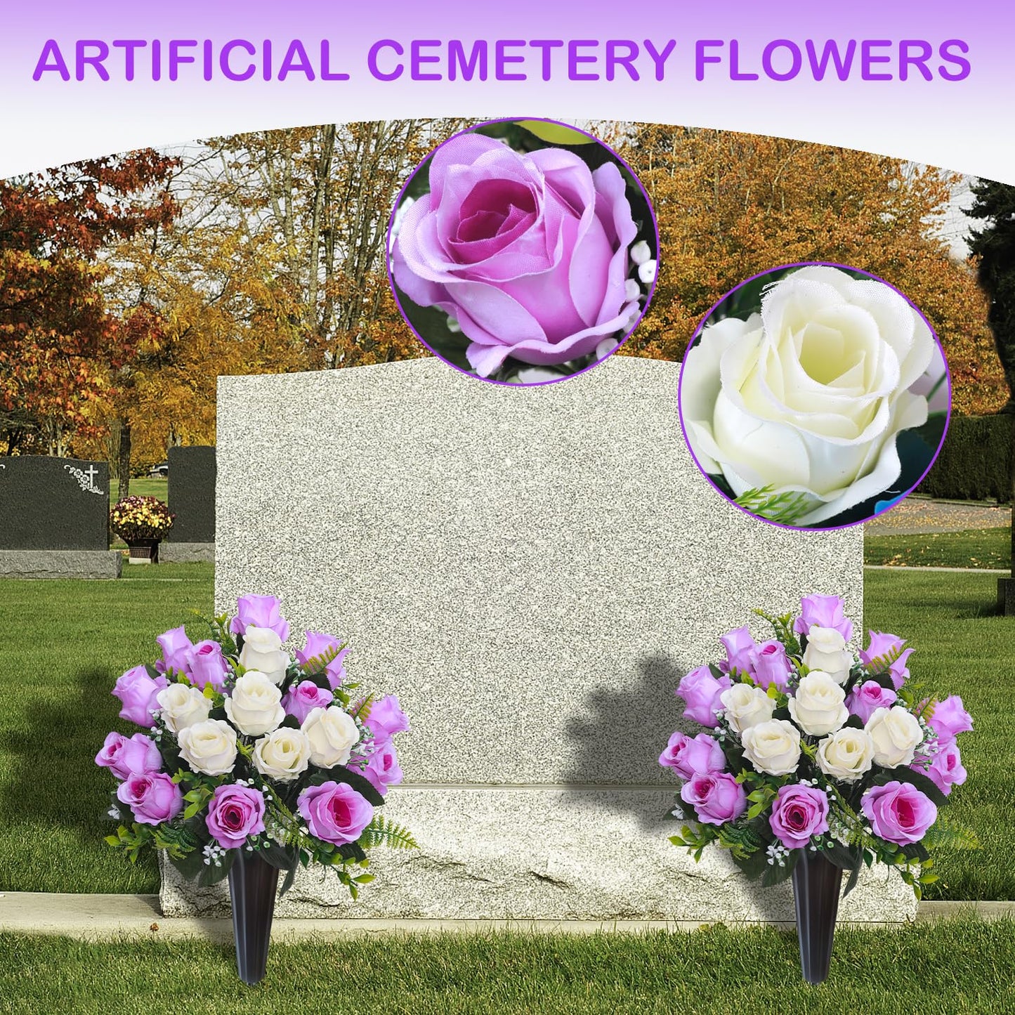 Lodou Set of 2 Artificial Cemetery Flowers, Memorial Flowers Bouquet,Grave Memorial Flowers with Vase for Cemetery Headstones Decoration (Purple White)