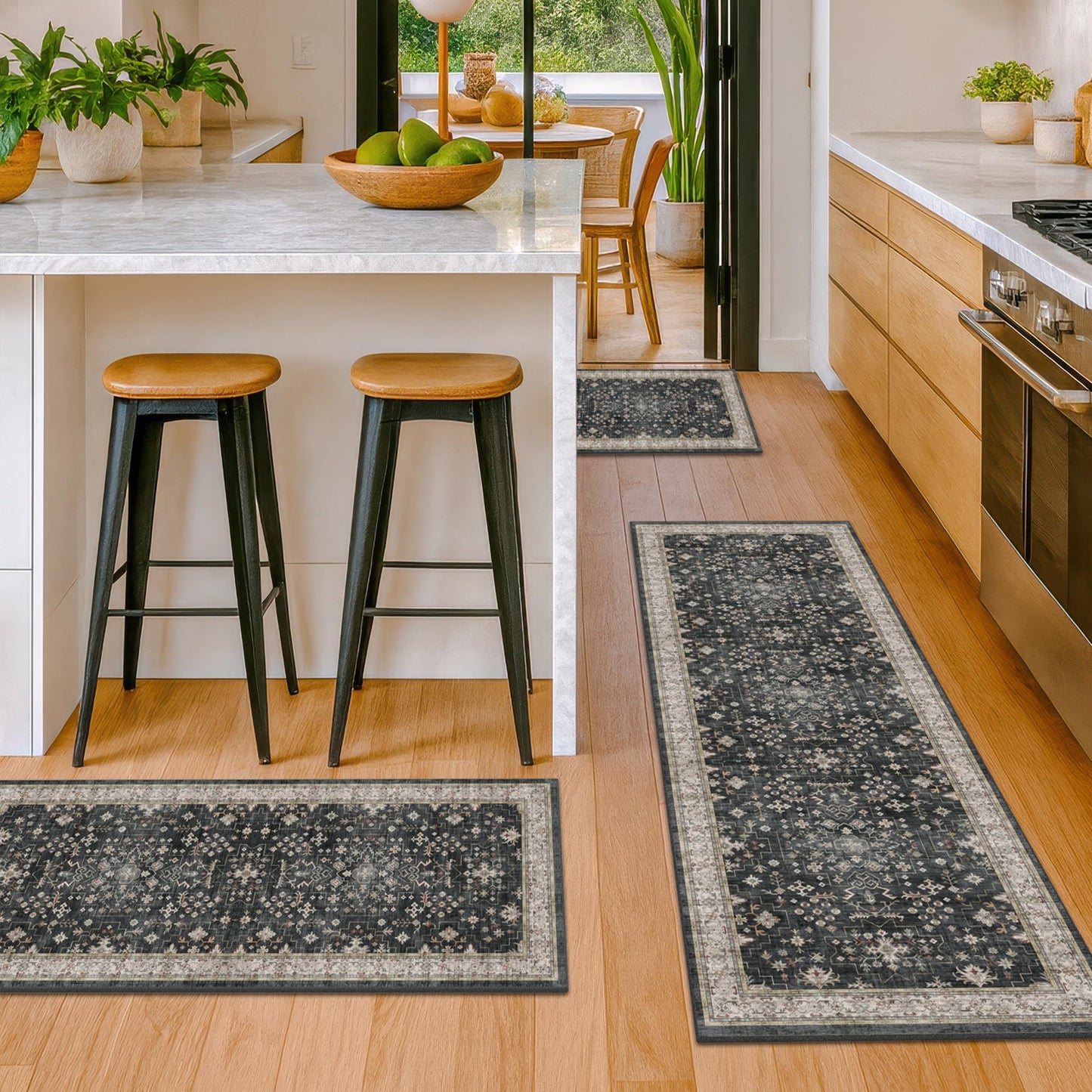 Black Boho Kitchen Rugs Set of 3, Non-Slip Machine Washable Kitchen Floor Mats, Low-Pile Runner Rug for Sink, Entryway, Bathroom, Laundry Room, Bedroom, Vintage Farmhouse Design