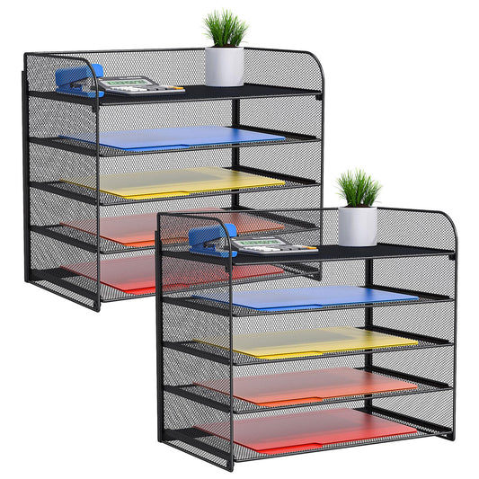 2 Sets 5-Tier Paper Organizer,Paper Tray Holder for Desk,File Holder/Sorter,Legal/Letter Size,A4,File Folder Shelf Organizer for Office,Home,Solid Steel,Mesh,Sturdy,Leakproof,Large Capacity