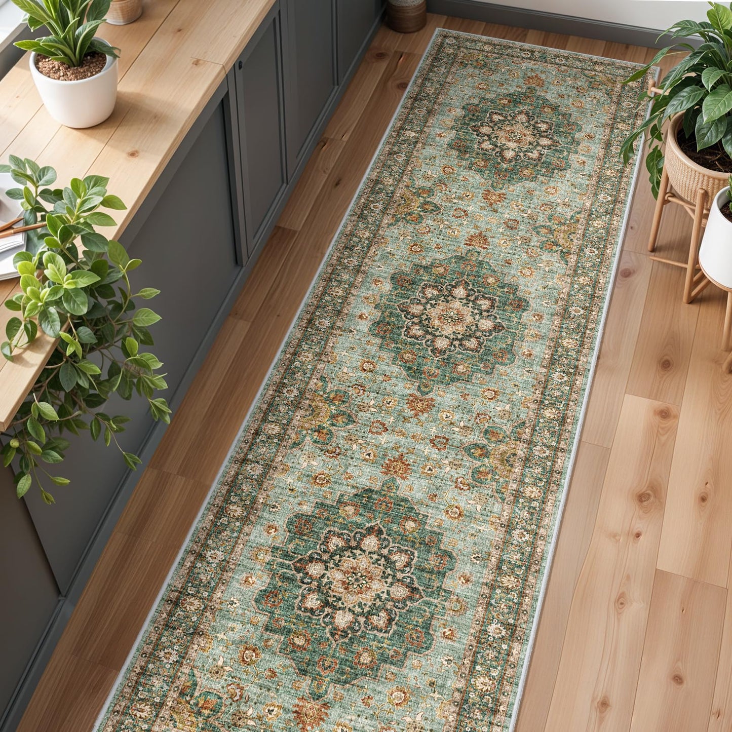 Washable Oriental Hallway Runner Rug - 3x12 Rugs for Living Room Soft Carpet for Bedroom Kitchen Waterproof Floral Distressed Indoor Stain Resistant Non-Shedding Floor Carpets (Green, 3X12)