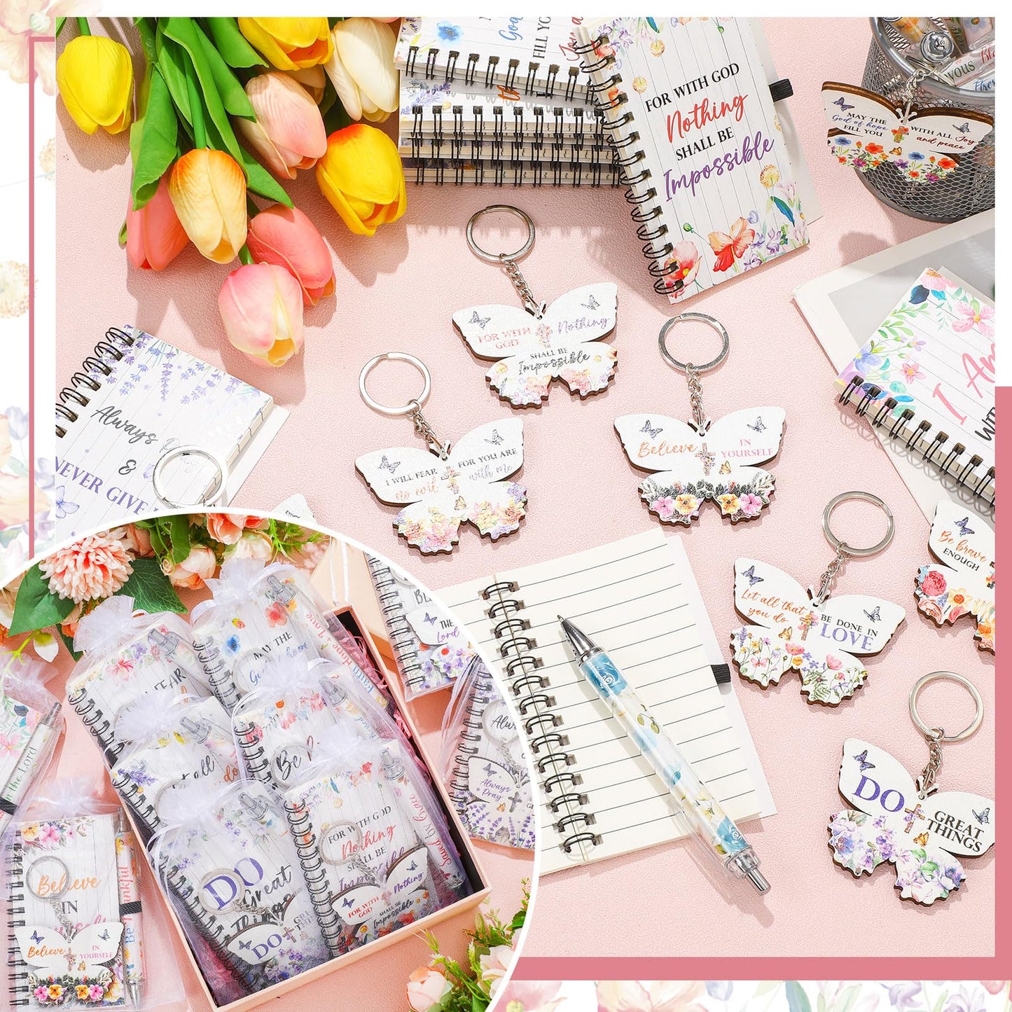 Dispowreath 80 Pcs Christian Gifts Bulk for Women Mother's Day Bible Verse Notebooks Ballpoint Pens Keychains with Organza Bags Inspirational Religious Scripture Gifts for Church Prayers Party Favors