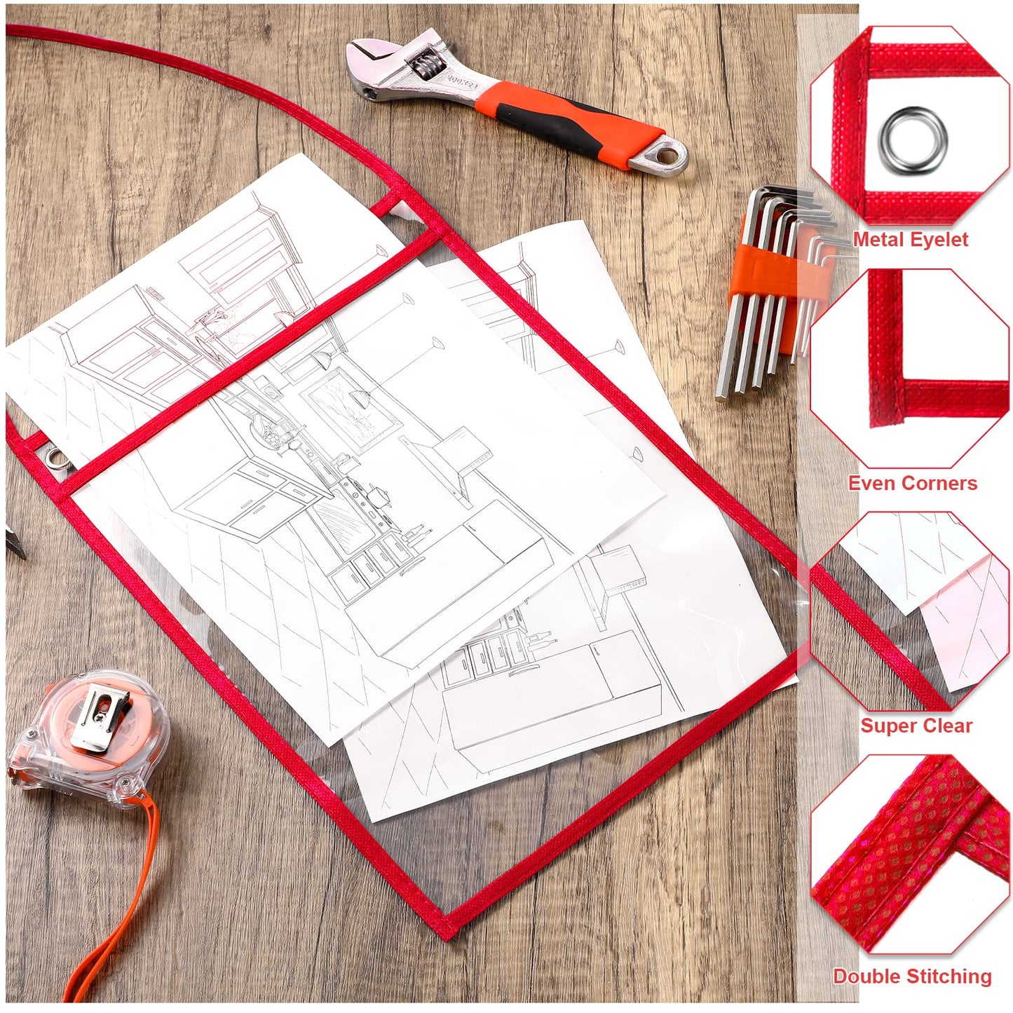 Geyee 50 Pack Job Ticket Holders Work Order Pockets for 9 x 12 Inch Hanging Sleeve Plastic Shop Ticket Holders with Strap, Both Sides Clear(Red)