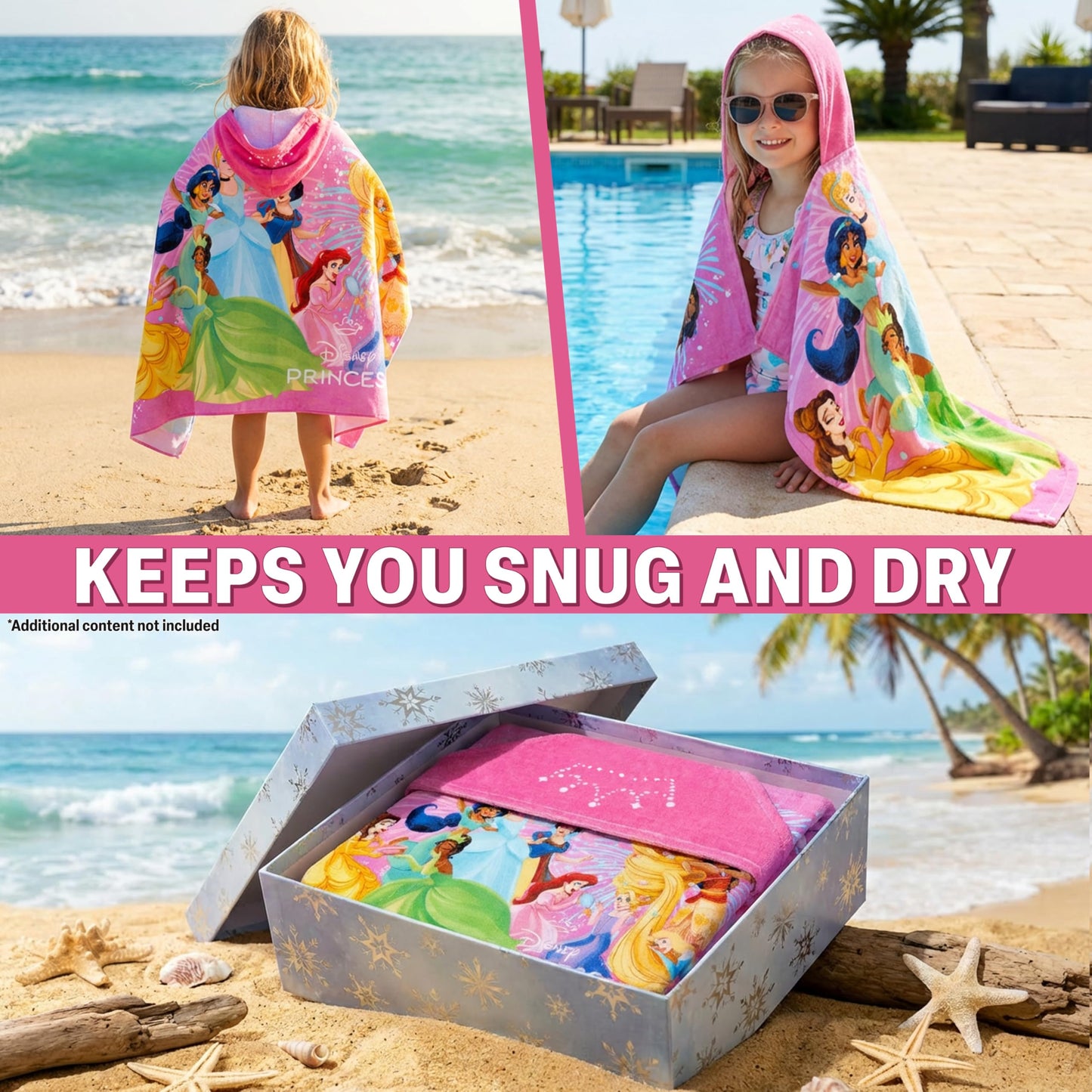 Disney Princess Bath Towels with Hood for Girls, Soft Absorbent Cotton Beach Towel, Swimming Pool Hooded Poncho, Shower Bath Cinderella Moana Rapunzel for Girls Ages 2-6 (Multi Princess)