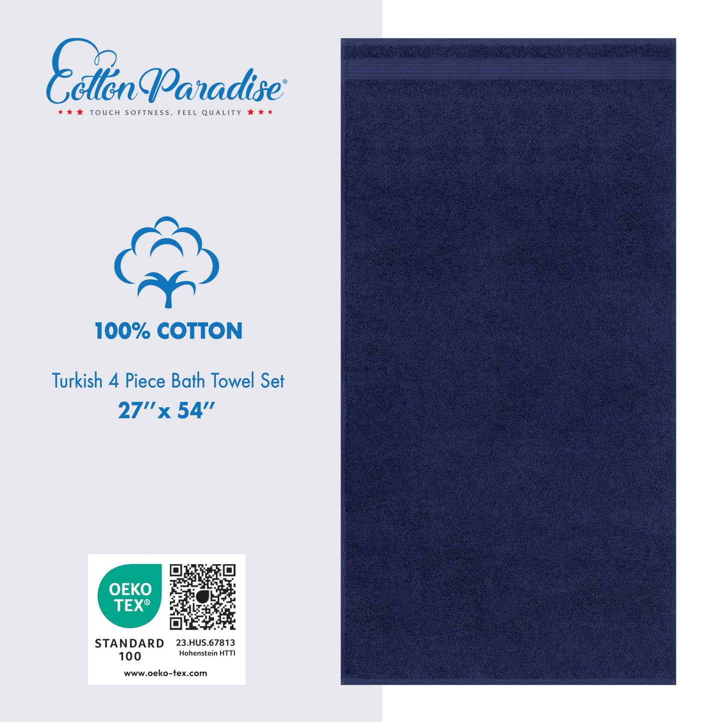 Cotton Paradise 4 Piece Turkish Bath Towels for Bathroom, 100% Cotton Extra Large Soft Plush Towels Bathroom Set, Navy Blue