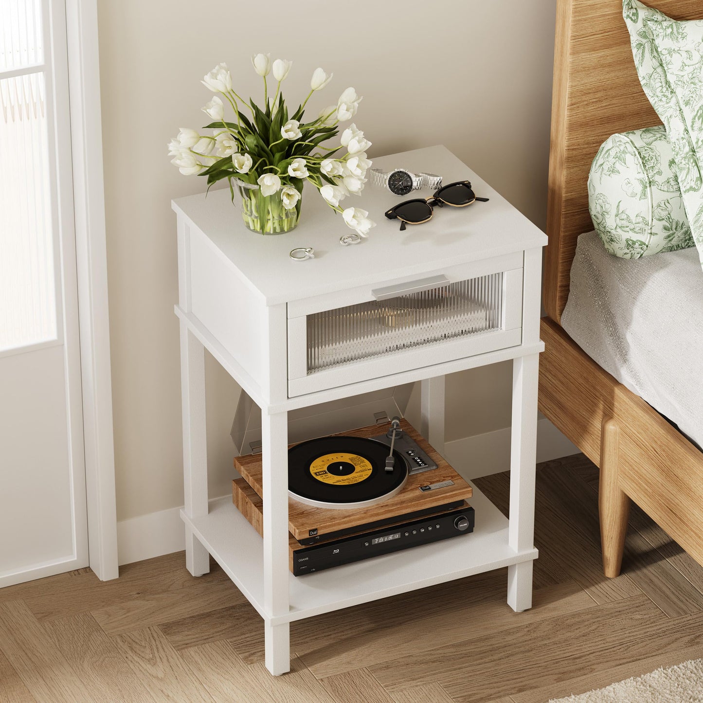 Nightstand Wooden Bedside Table with Drawer White Night Stands Modern Style Small End Table Side Table with Storage Shelf for Bedroom Living Room MLBZ10W
