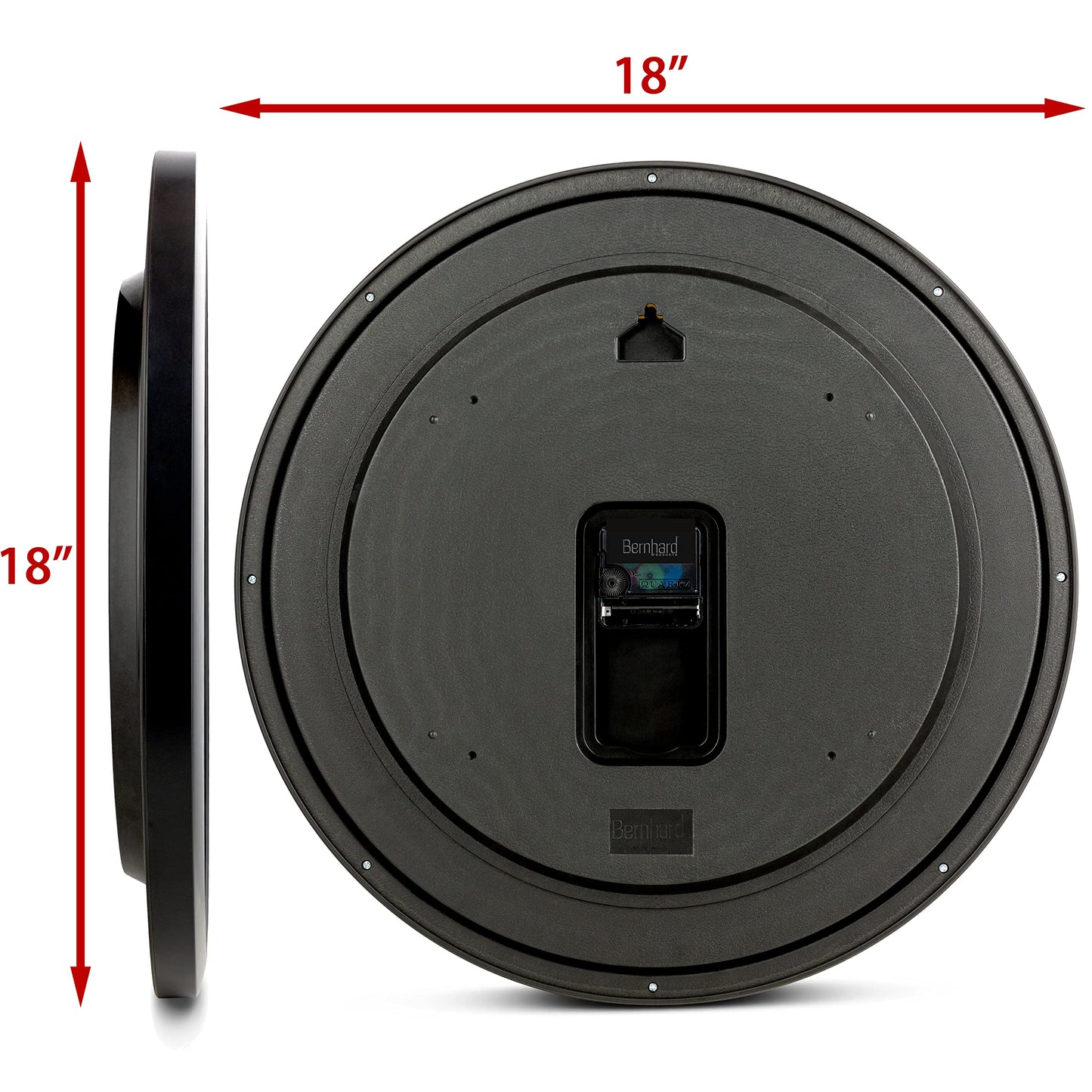 Bernhard Products Black Wall Clock Silent Non Ticking - XL 18 Inch Quality Quartz Battery Operated Round Easy to Read Home/Office/Classroom/School Clock
