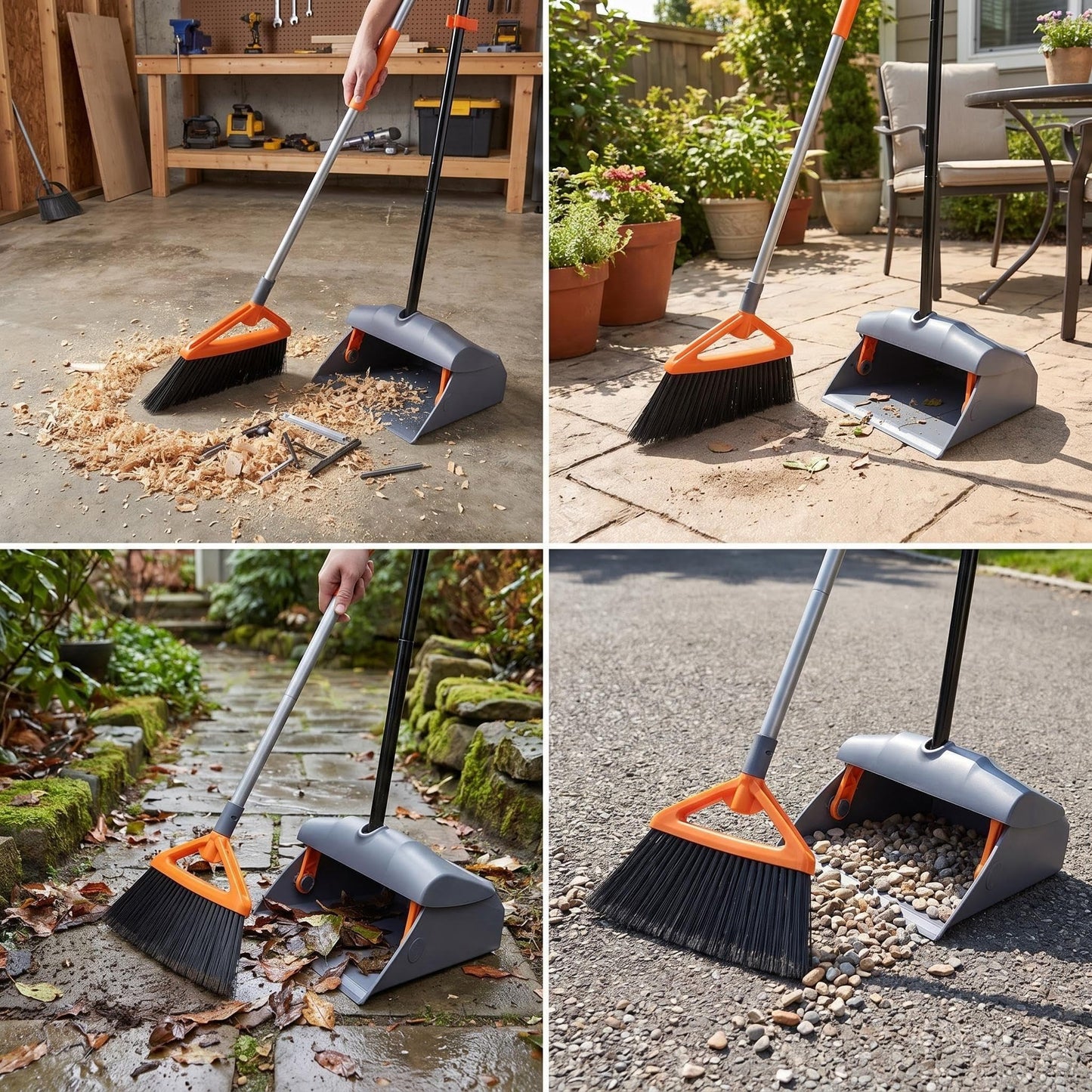 CLEANHOME Heavy Duty Broom with Dustpan Combo Set Indoor and Outdoor Dual Purpose,Stiff Bristle Commercial Angle Broom and Standing Dust Pans with Long Handle for Sweeping Home,Kitchen,Yard,Grey