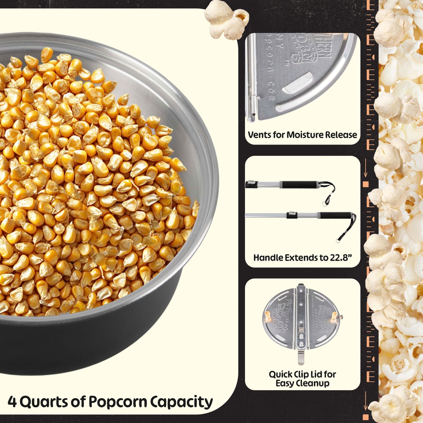 Campfire Popcorn Popper - Old Fashioned Popcorn Maker with Telescoping Handle - Camping Gear by Great Northern Popcorn (Black)