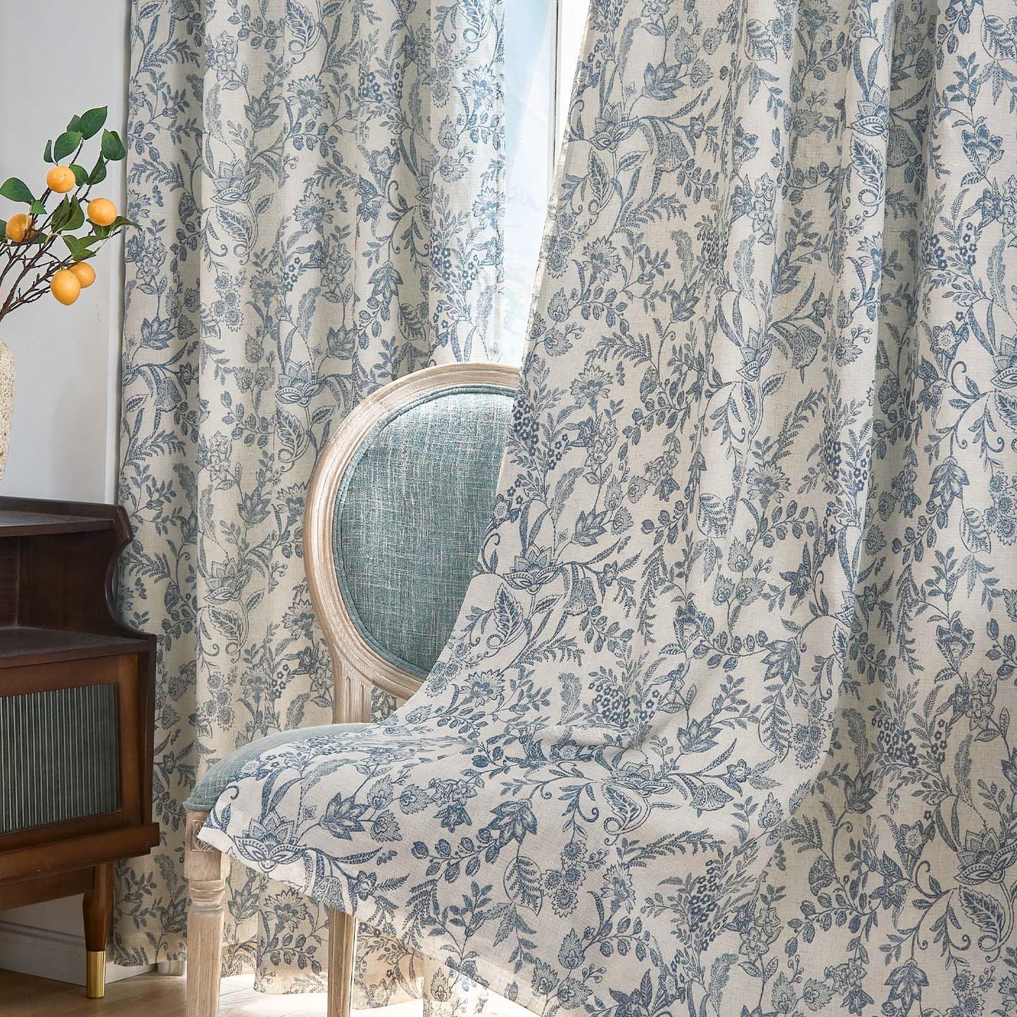 Lazzzy Blue Floral Lined Curtains Farmhouse Linen 84 Inches Length Back Tab Drapes for Living Room Bedroom Flower Patterned Country Vintage 2 Panels Set Rod Pocket Blue on Beige