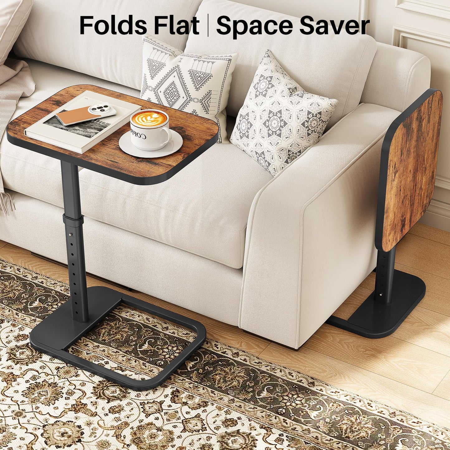 Kitstorack Upgraded TV Tray Table with Panel Lock, 90° Flip-Over Design & Adjustable Height, Sofa Arm Side Table for Eating, Laptop, Couch, Bed, or Small Spaces, Brown