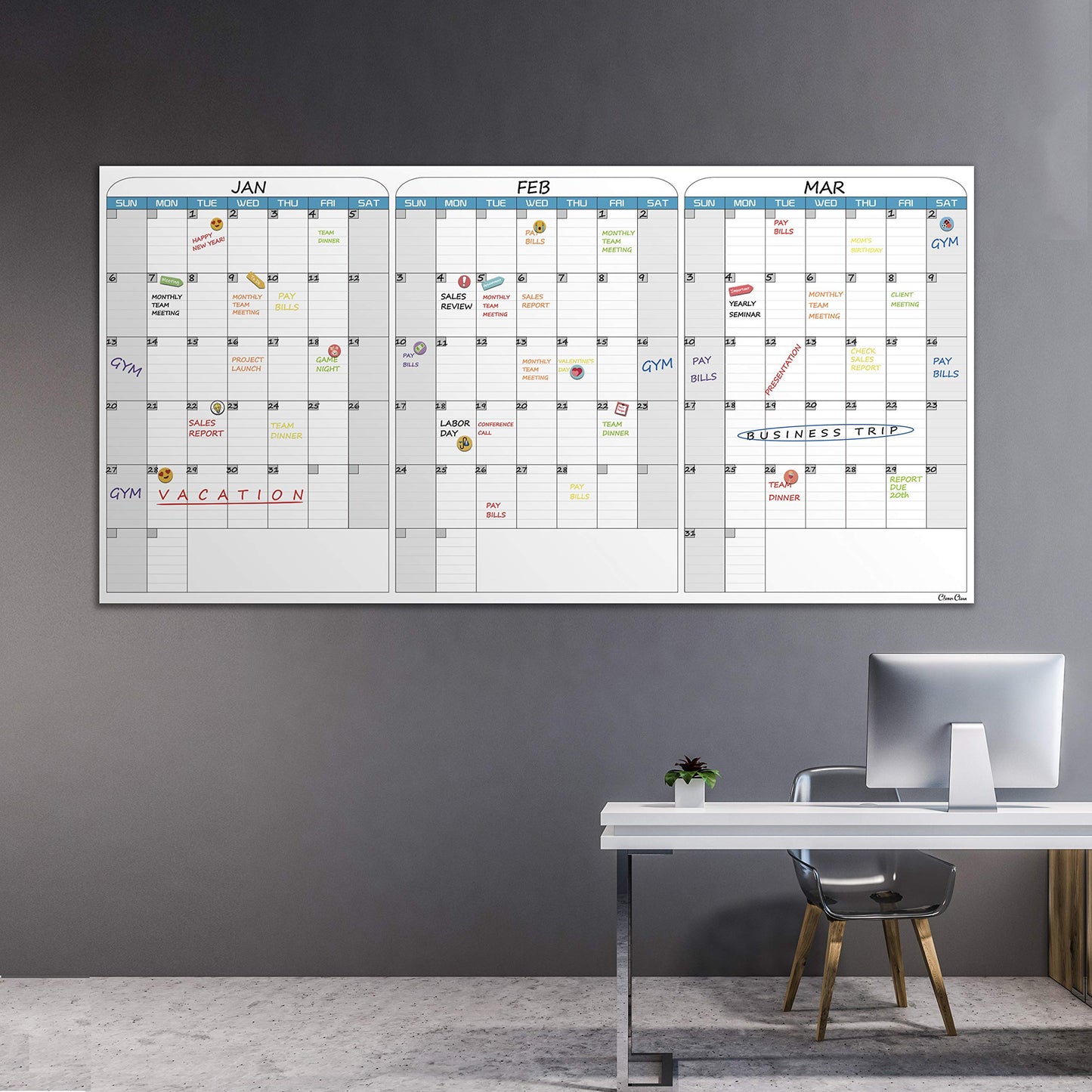 CLEVER CLEAN Large Dry Erase Wall Calendar - 36"x72" Undated 3-Month Calendar for Home, School, Office Projects - Jumbo Reusable Task Organizer