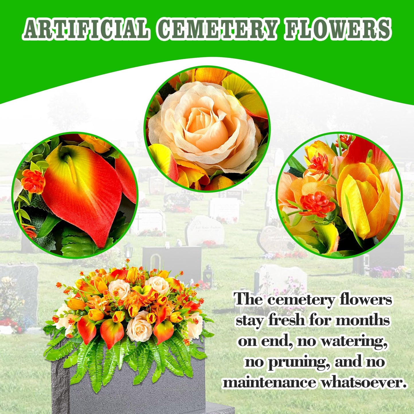 FLOWERIA Artificial Cemetery Flowers - Outdoor Grave Saddle for Headstone Decorations with Orange Roses Tulips