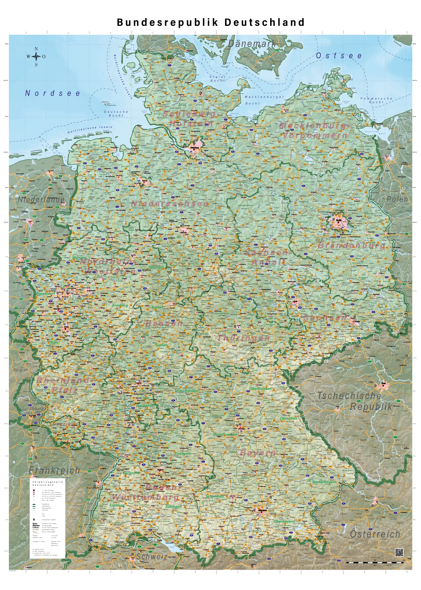 Large map of Germany with full lamination (wall map) 39.4 x 55.1 inches, German states and counties, highways, airports