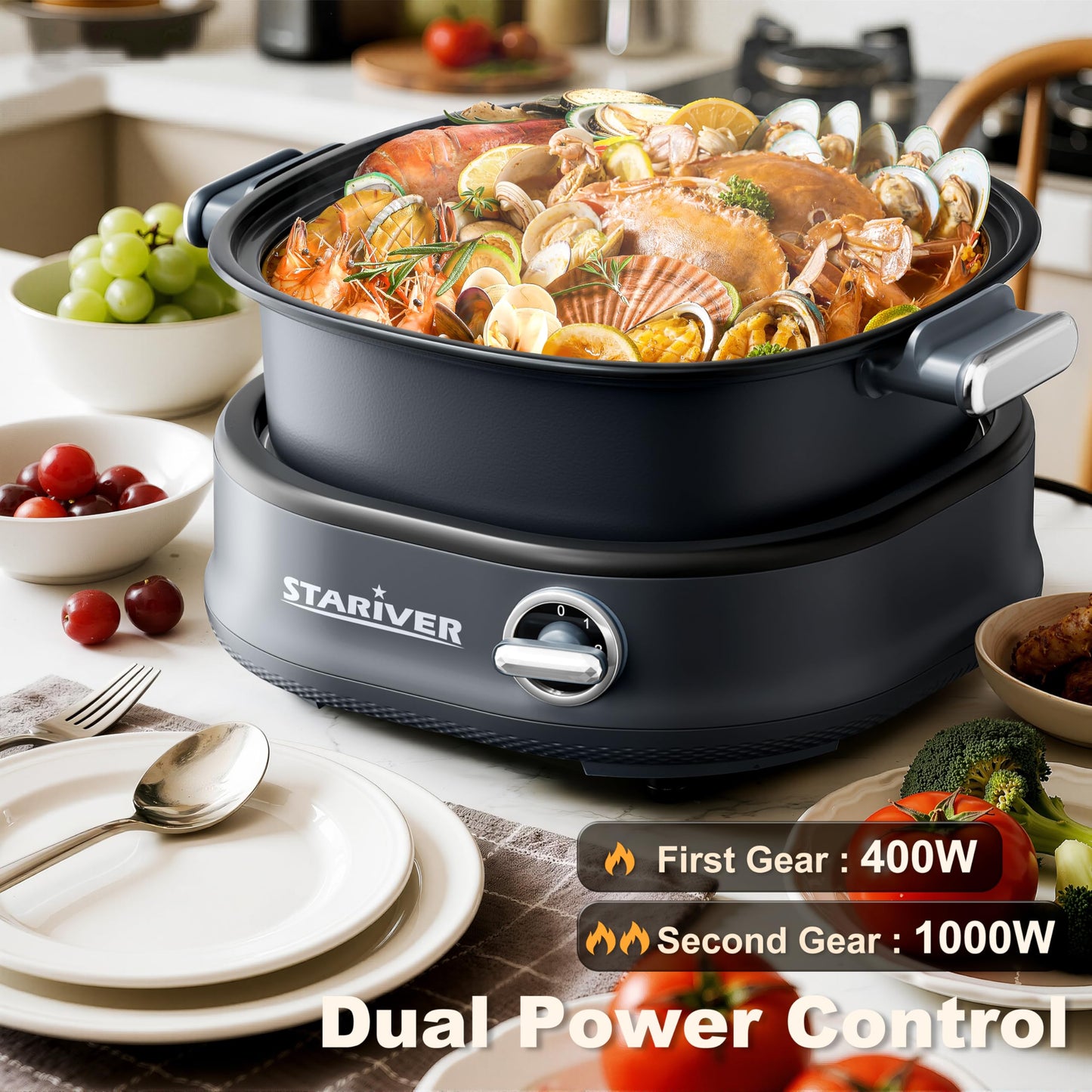 Stariver 3L Non-Stick Hot Pot Electric with Dual-Power Control,Electric Shabu Shabu Pot with Removable Pot, Electric Pot with Tempered Glass Lid for Party, Family Gathering（Silver）
