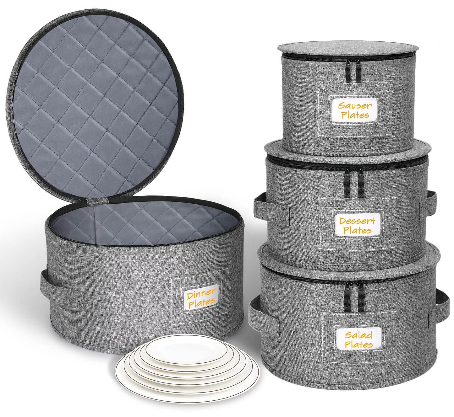 punemi China Storage Containers, Dish Storage w/Hard Shell Top Side Bottom Support & Felt Dividers for Charger Plates Dinnerware, Perfect for Moving Supplies, 4 set Stackable Fine China Storage, Gray