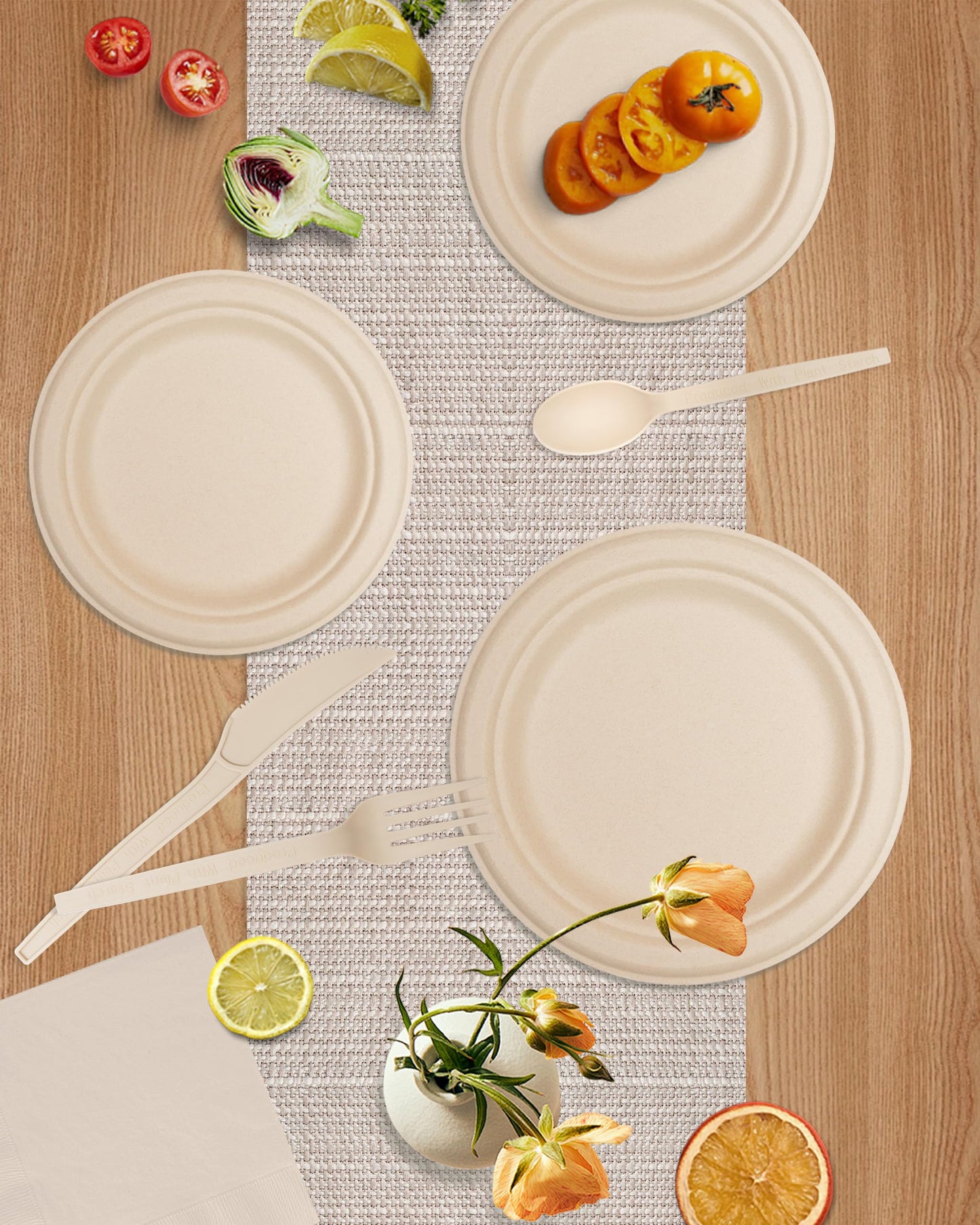 BSDPREF 300 Pack Paper Plates Set Party Supplies Severs 50 Guests Disposable Party Plates Sugarcane Forks Knives Spoons Heavy-Duty Paper Plate Bagasse Natural Compostable Eco-Friendly Birthday Wedding