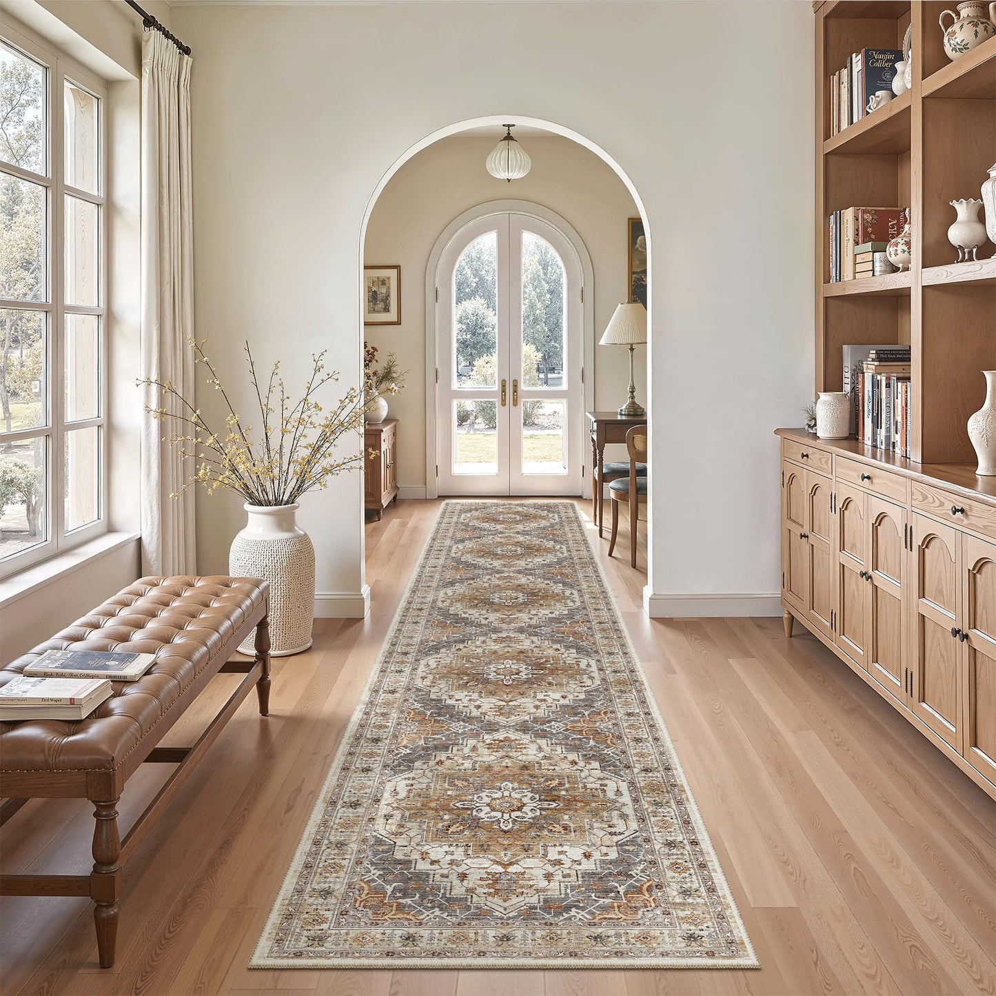 Madane Hallway Runner Rug 2x12, Extra Long Washable Runner Rugs with Rubber Backing, Non Slip Carpet Runner, Vintage Rug Runners for Kitchen Laundry Room Entryway (Turmeric/Grey, 2'x12')