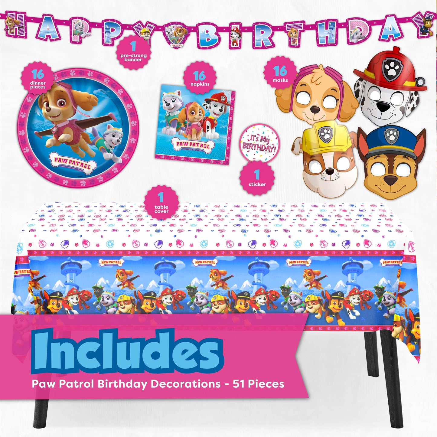 Skye Paw Patrol Birthday Decorations | Serves 16 | Pink Banner, Tablecloth, Plates and Napkins, Character Masks, Sticker | Paw Patrol Party Decorations for Girls