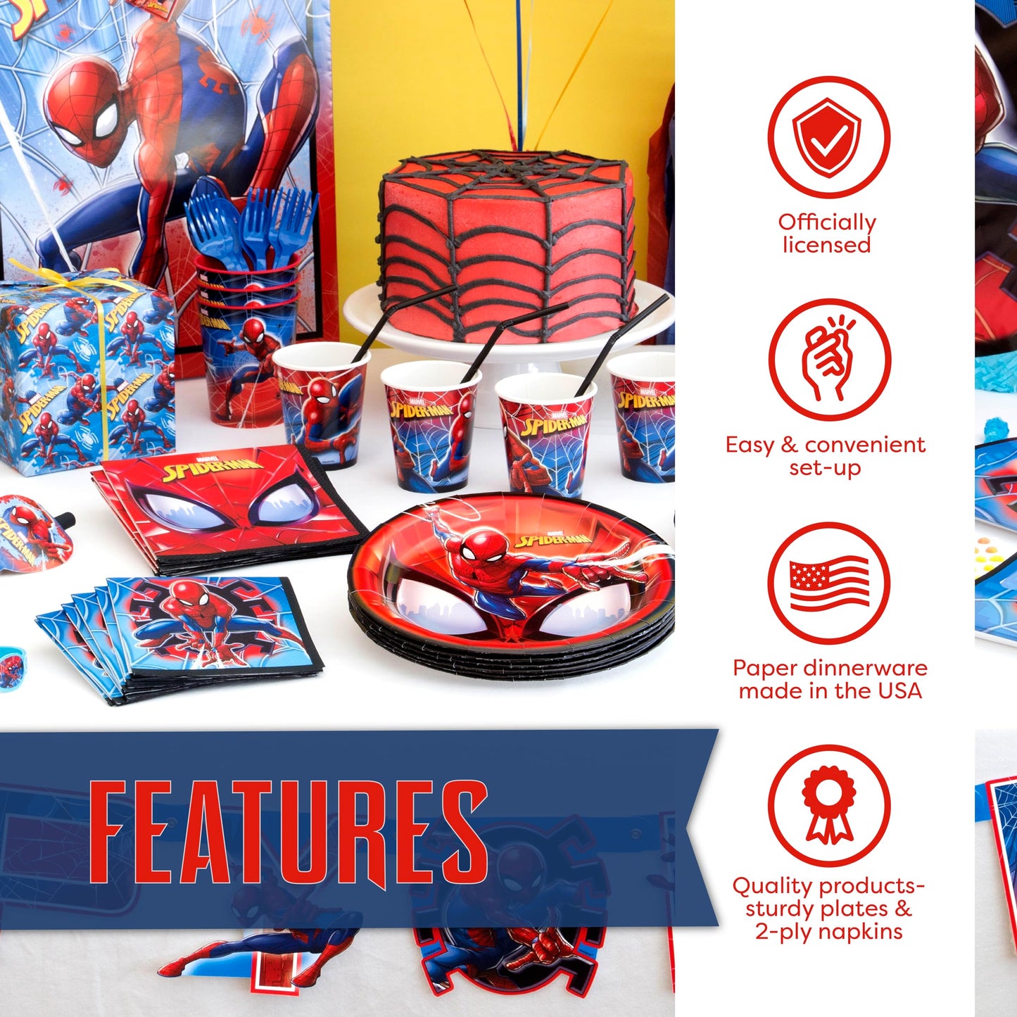 Spiderman Birthday Decorations | Spiderman Party Supplies | Serves 16 Guests | Marvel Superhero Spidey and His Amazing Friends | Table Cover, Spider Man Banner, Plates, Napkins, Masks and Button |