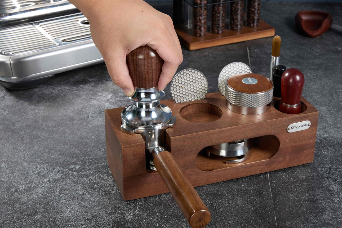 Teyearlife 53.3mm Calibrated Espresso Tamper for Breville 54mm Portafilter, 30lb Spring Loaded Auto-Leveling Tool with Ripple Base & Walnut Handle to Prevent Channeling