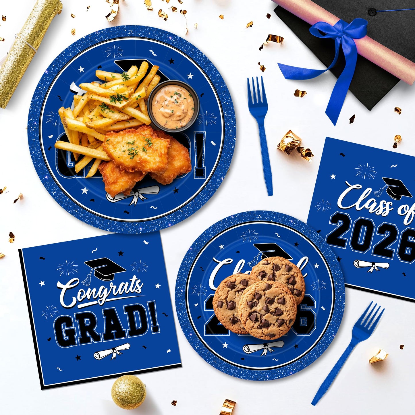 200Pcs Graduation Decorations 2026, Blue Graduation Plates and Napkins Party Supplies for 50 Guests, Disposable Grad Plates, Napkins, Dessert Plates and Forks for Grad Decor Wedding Birthday Supplies