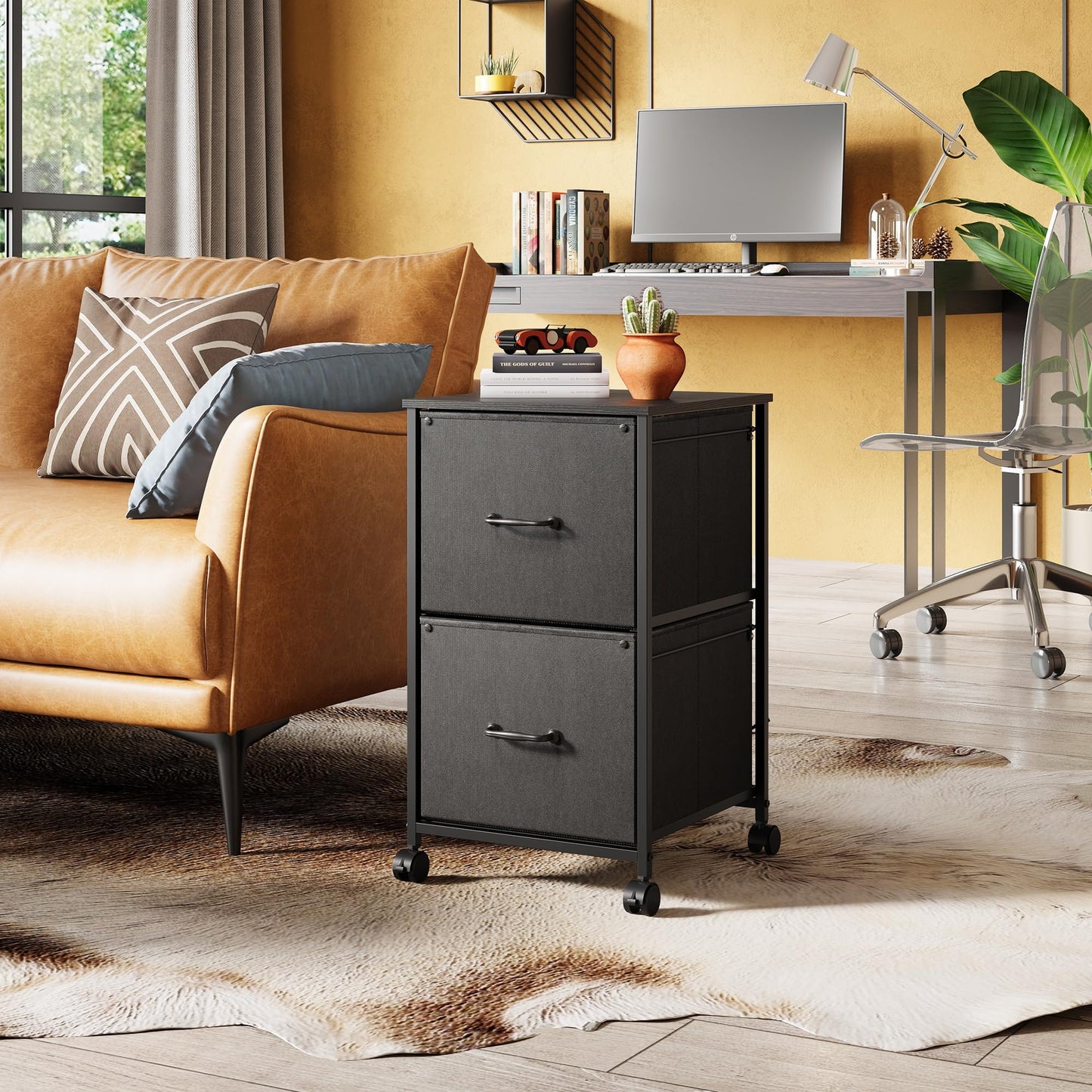 DEVAISE 2 Drawer Mobile File Cabinet, Rolling Printer Stand, Fabric Vertical Filing Cabinet fits A4 or Letter Size for Home Office, Black