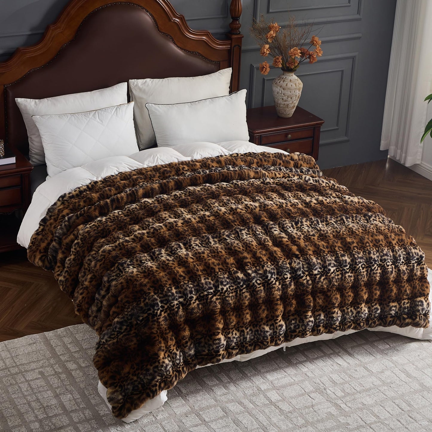 RYNGHIPY Faux Fur Blankets for Couch Bed Fluffy Warm Thick Throw Blanket for Bedroom Living Room Soft Cozy Plush Decorative Bubble Furry Blanket Cheetah Print Blanket (Leopard-Coffee, 51''x63'')