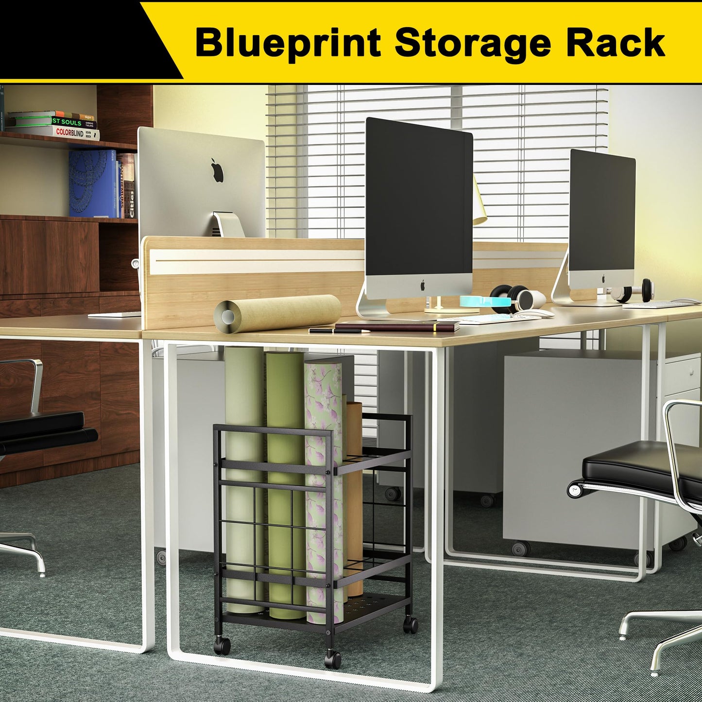 GIOTORENT Blueprint Storage Rack, Blueprint Holder with Wheels, Used for Storing Map/Poster/Blueprint/Architectural Construction Plan, 12 Slots, 2 Brakes, Silent Wheel for Home, Office, School(Black)