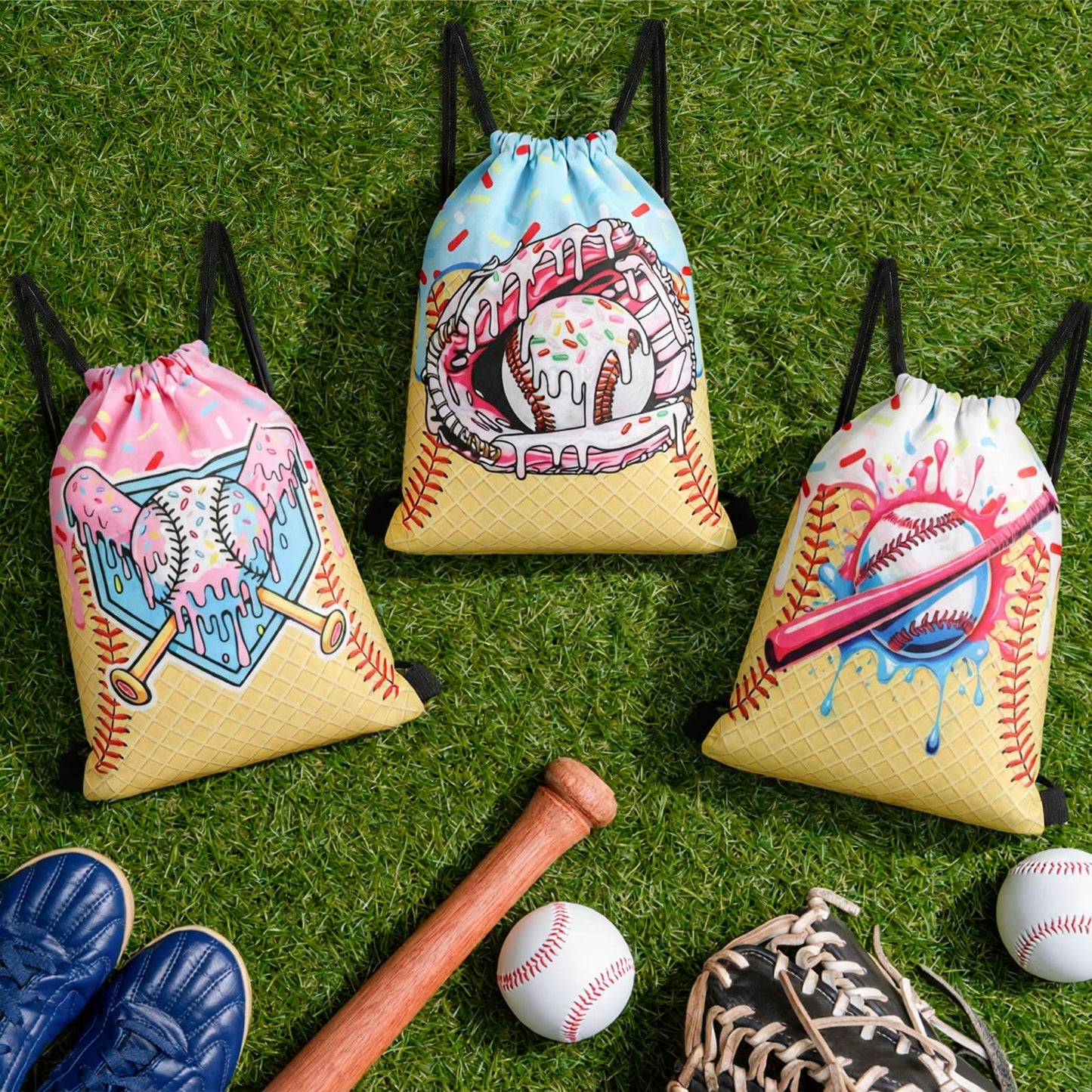 Sunnymove 36 Pcs Ice Cream Drip Baseball Party Favors 7.5'' x 10'' Baseball Drawstring Bag with Handle Ice Cream Drip Bags Bulk Sport Themed Gift Wraps Party Supply for Team Birthday Treat Candy Snack