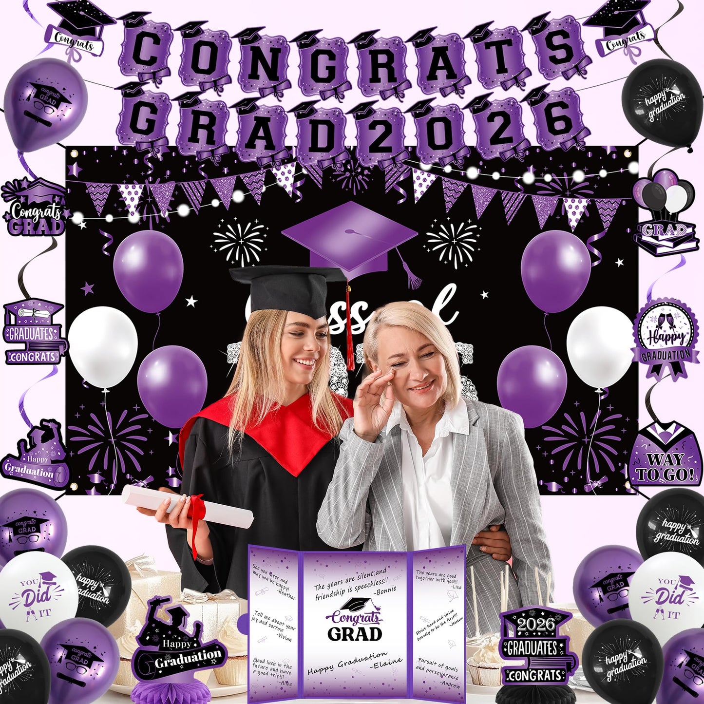 Vlipoeasn Purple 2026 Graduation Party Decorations 2026 College/High School Graduation Decorations Party Supplies, Black and Purple Class of 2026 Congrats Grad Backdrop Banner Signature Book