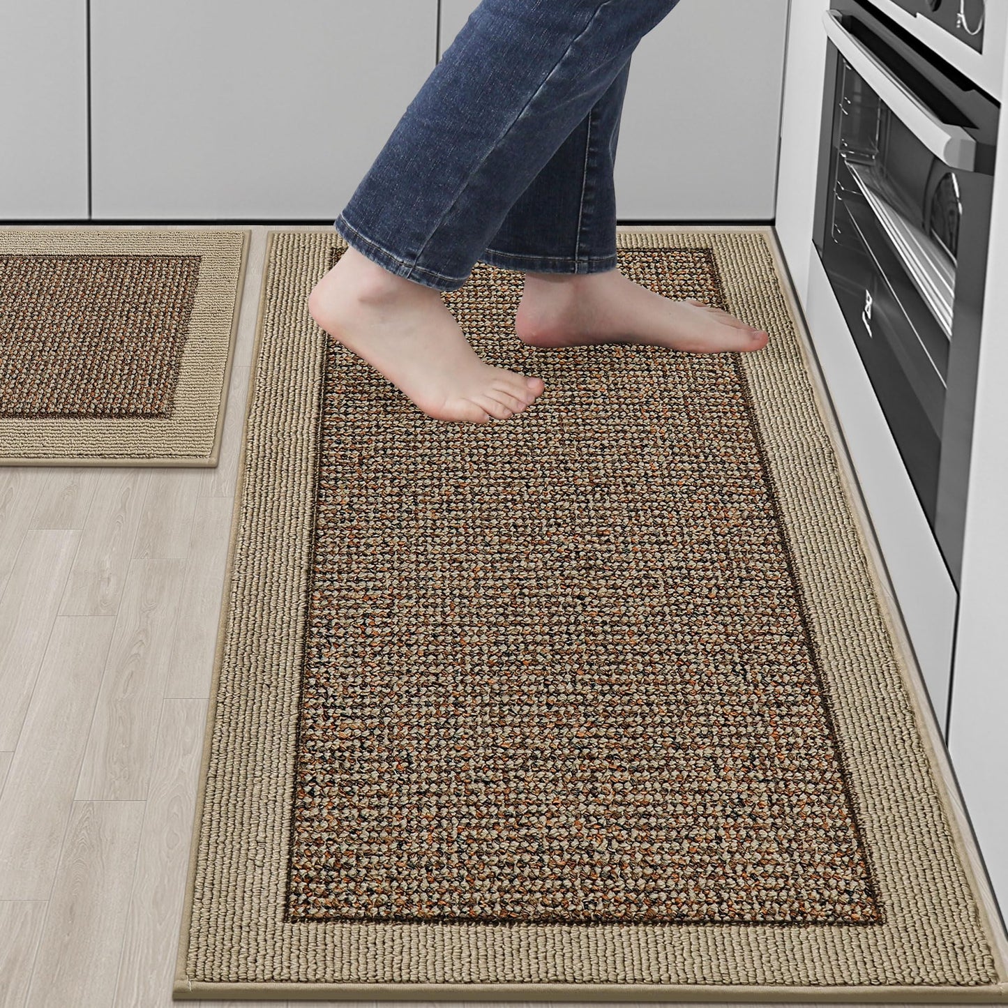 BEQHAUSE Kitchen Rugs and Mats Set of 2 Non-Slip Kitchen Mats for Floor, Absorbent and Stain Resistant Kitchen Runner, Machine Washable Rugs for Kitchen, Laundry & Sink, 20"x32"+20"x48", Taupe