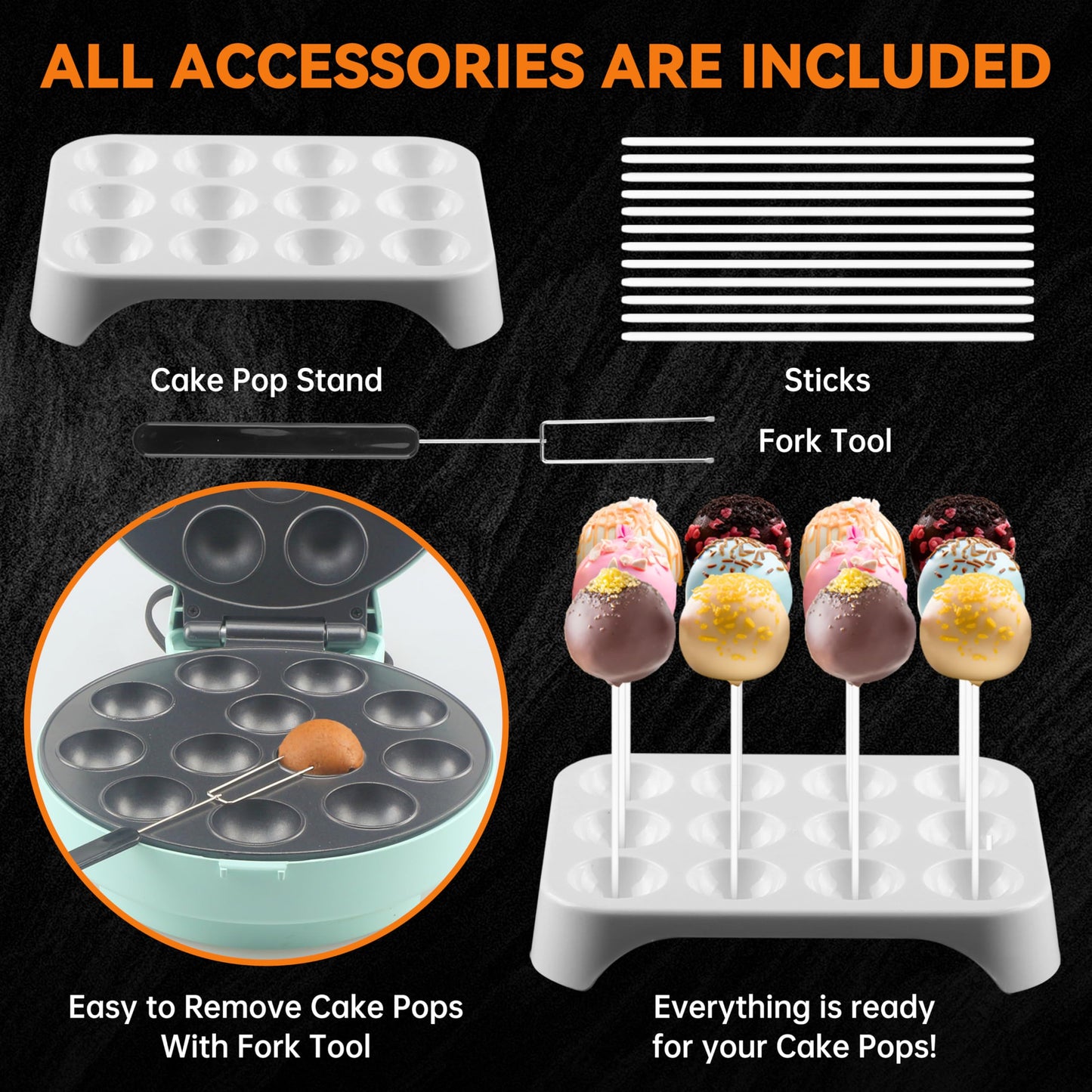 Baker's Friend Cake Pop Maker Machine Set with Cake Pop Stand, Sticks & Fork Tool, 12 Cake Pops Capacity, Aquamarine