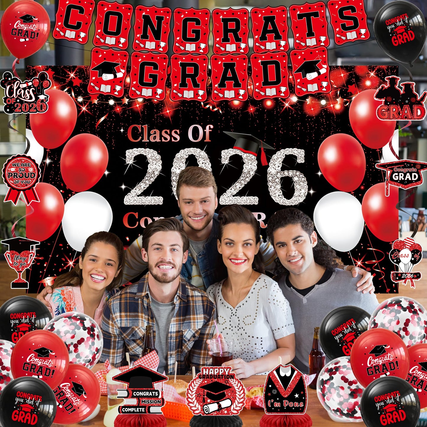DARUNAXY Black Red Graduation Party Decorations, Red Class of 2026 Graduation Banner, 2026 Congrats Grad Honeycomb Hanging Swirl Confetti Balloon Congratulations Graduates Party Supplies(25PC)