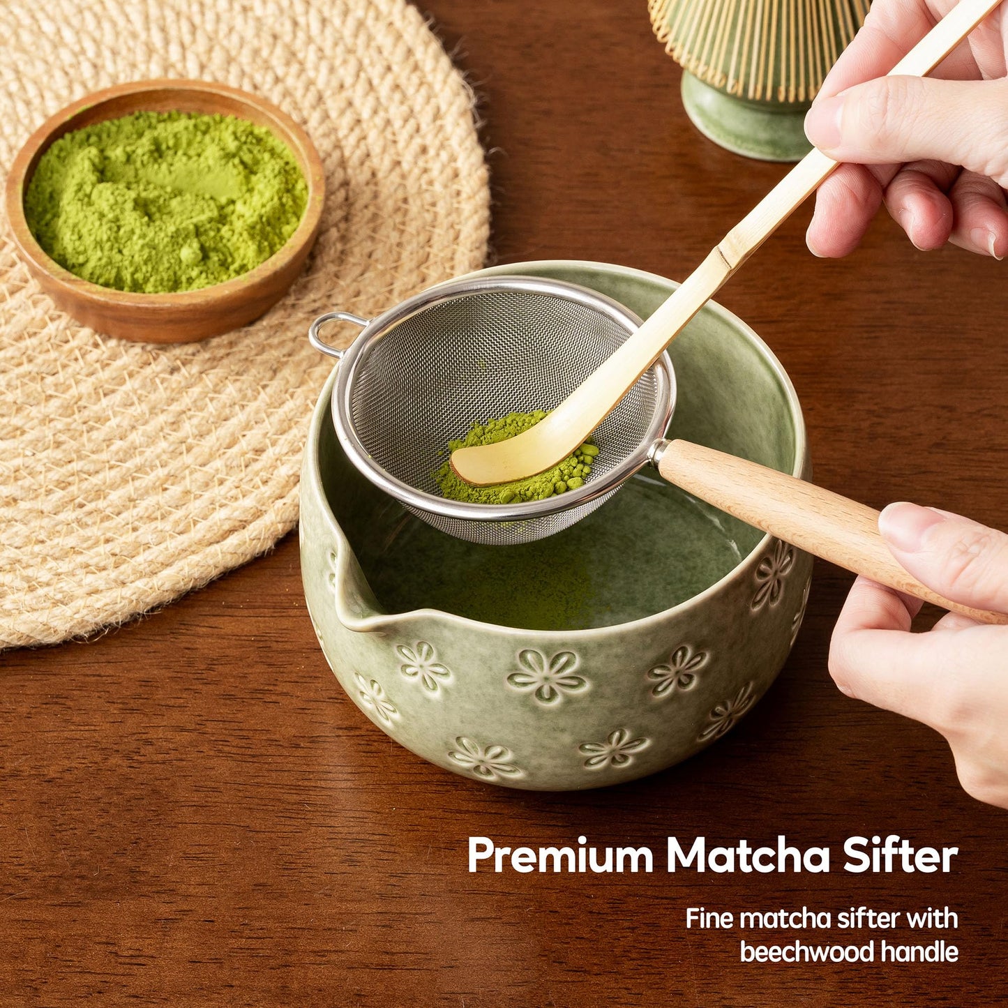 Veraelle Matcha Whisk Set, Ceramic Matcha Set, 6 Pcs Matcha Kit Includes Matcha Bowl, Matcha Whisk with Holder, Bamboo Scoop, Scoop Rest, Sifter, Ceremonial Matcha Tea Set, Perfect Gifts, Green