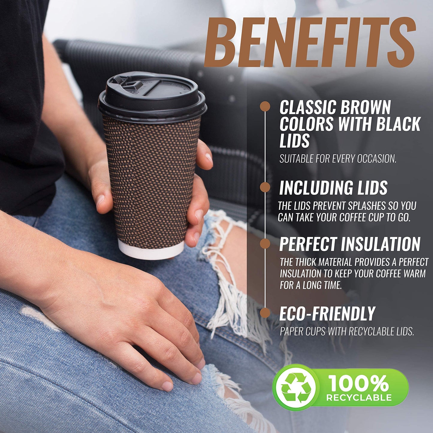 Promora Brown Disposable Coffee Cups With Lids 16 oz, Premium Insulated Paper Ripple Cups for Hot Coffee, Paper Coffee Cup with Lids (80 Pack)