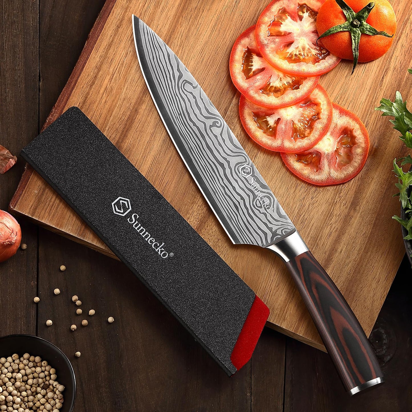 Sunnecko 8 Inch Chef Knife - Ultra Sharp 12-15 Degree Edge Kitchen Knife for Meat Vegetable Cutting Japanese Style, High Carbon Stainless Steel Blade, Pakkawood Handle &Sheath, Cooking Father Day Gift