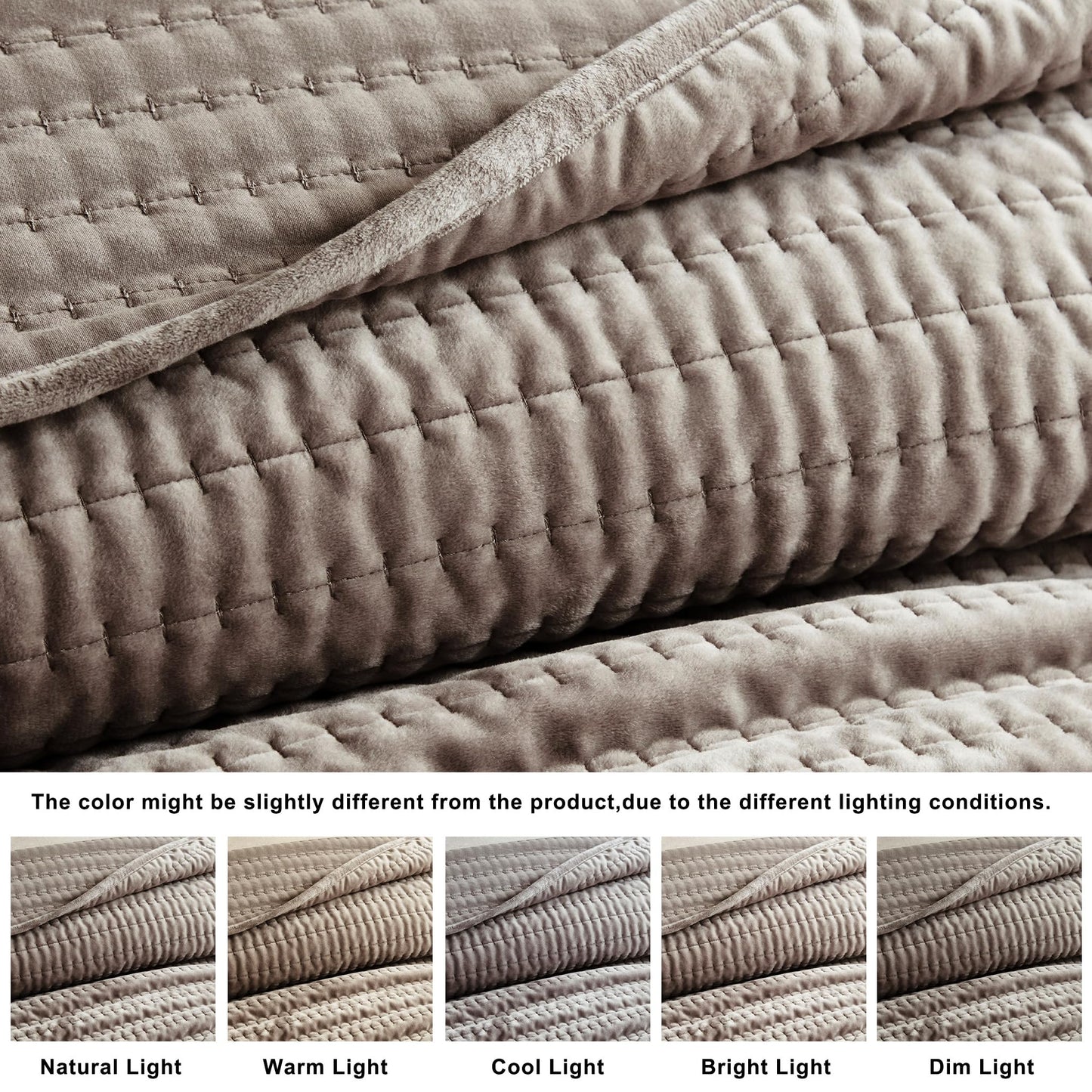 WDCOZY Velvet King Size Quilt Set - Brown Taupe Tan Camel Striped Pick Stitch Soft Lightweight Bedspread, Channel Farmhouse Country Rustic Coverlet, Modern Bedding Warm Thin Comforter, 3 Pieces