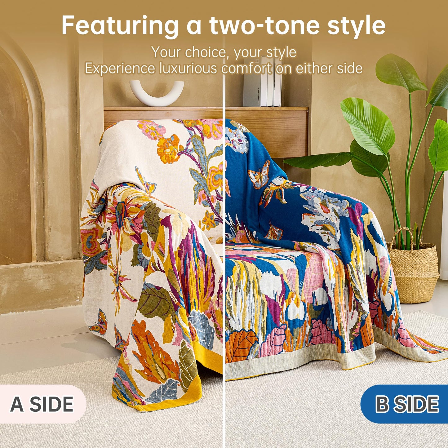 VANJOROY Boho Throw Blanket 60" x 80", 100% Organic Cotton Skin-Friendly Lightweight Ultra Soft Bed Quilt Throw - Summer Floral Butterfly Farmhouse Decor Blanket for Sofa Couch Chair and Gift.