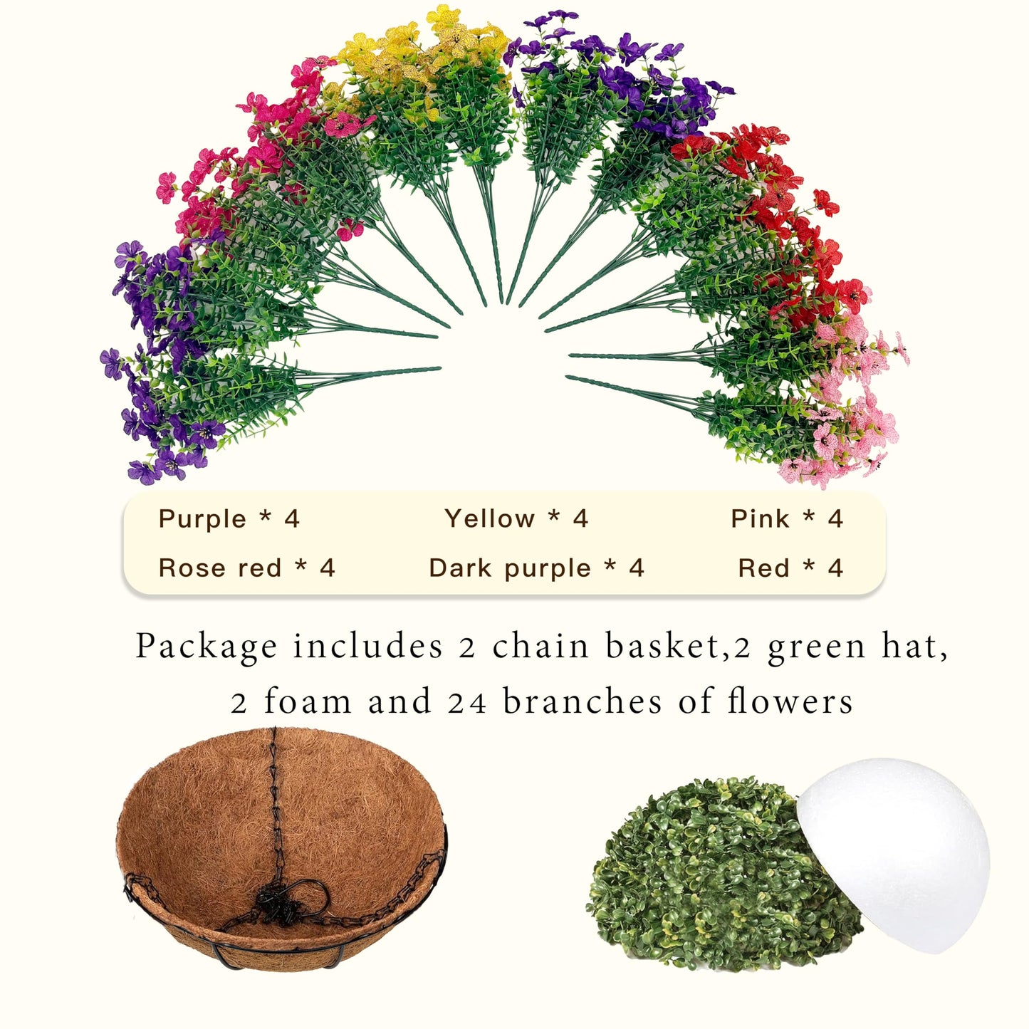 Senjie 2 Set Artificial Hanging Flowers with Basket for Outdoor Decor, UV Resistant 24 Bundles Faux Flowers Fake Hanging Planter for Porch Patio Balcony