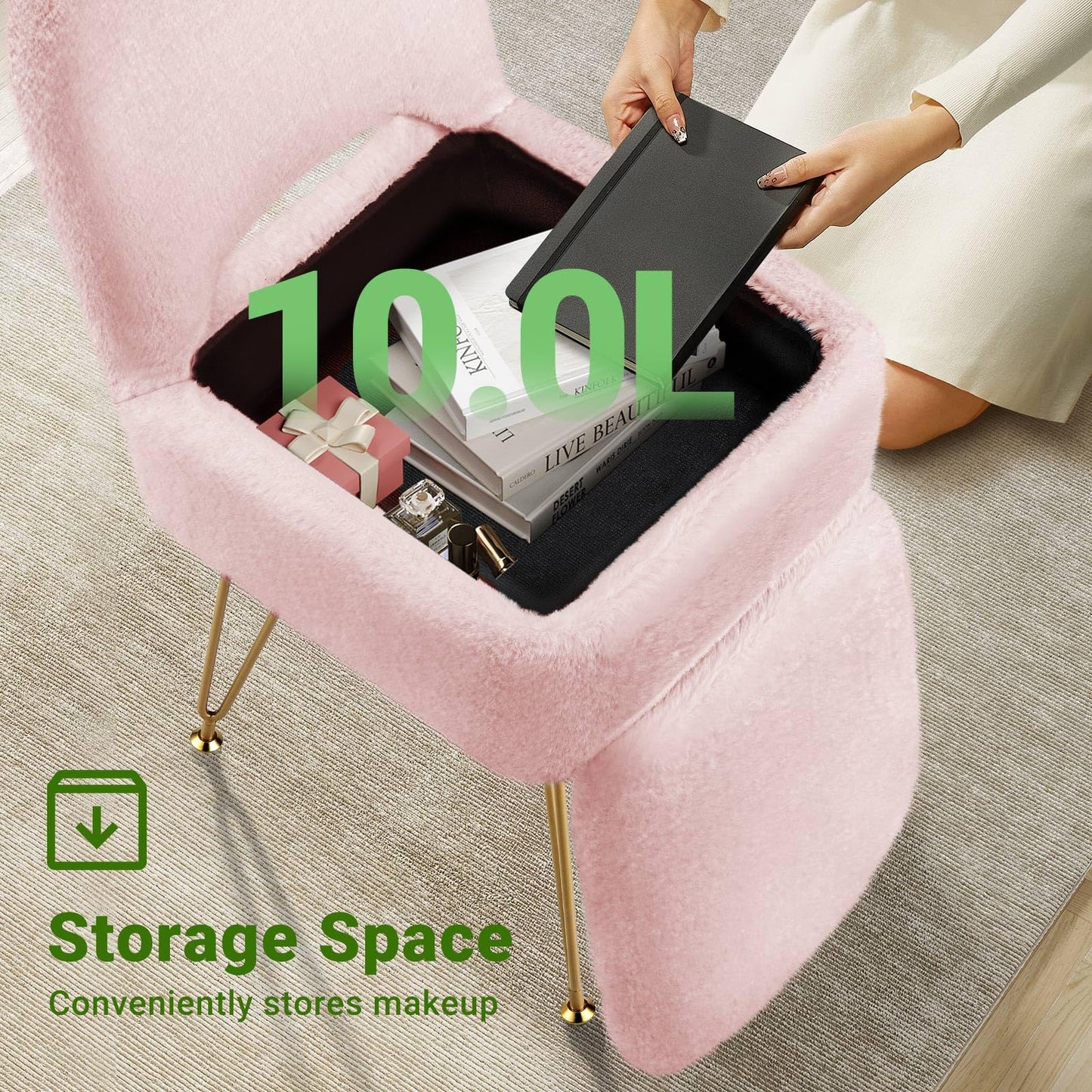 GREENSTELL Vanity Stool Chair with Storage and Folding Back, 13.4" x 15" x 30" Square Faux Fur Soft Ottoman, 4 Metal Legs with Anti-Slip Feet, Furry Padded Seat for Makeup, Bedroom, Pink