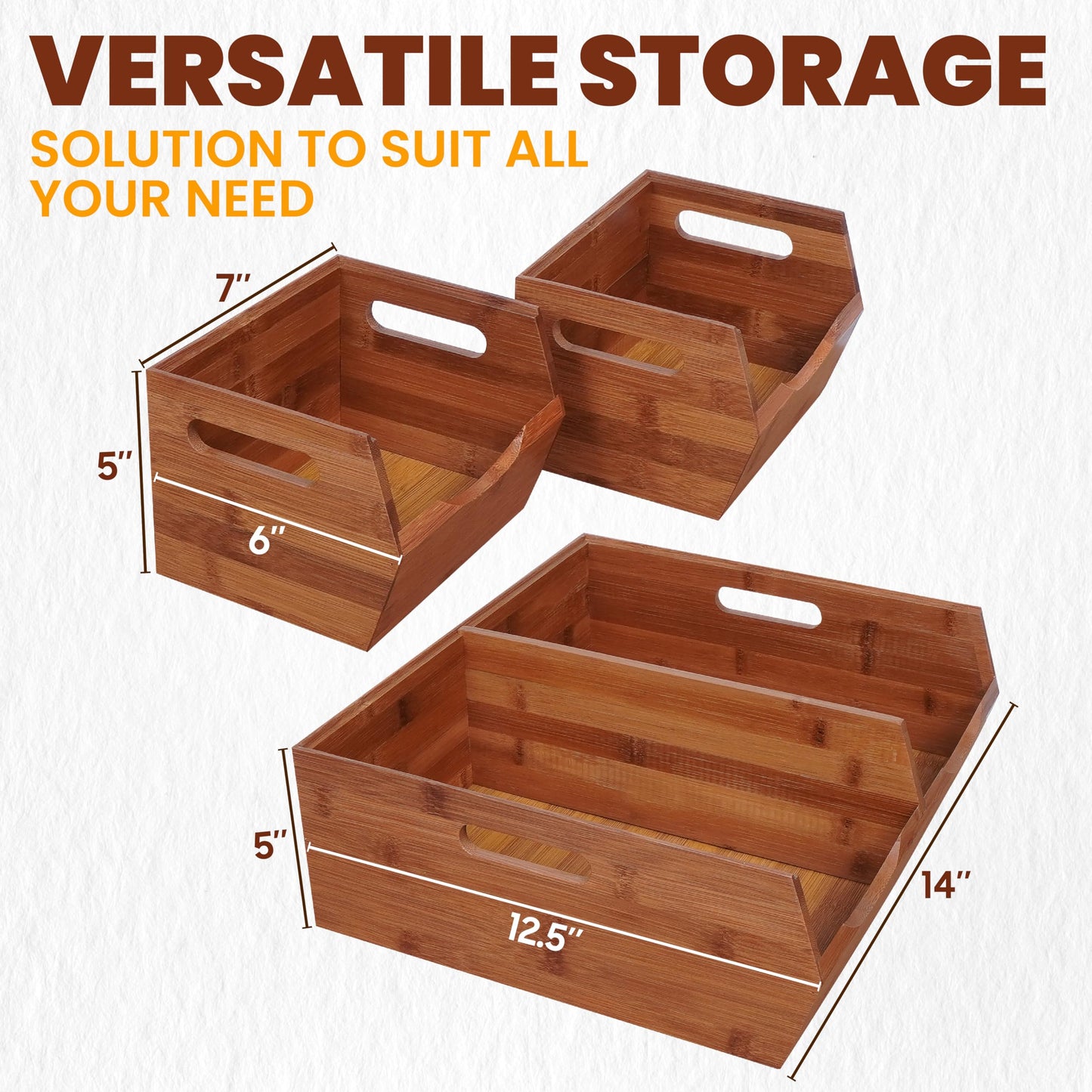 [Upgraded] 2-tier Stackable Bamboo Pantry Storage Bins, Potato and Onion Storage Baskets with Handles, Removable Divider, Pantry Organizer Holder for Kitchen, Office, Cabinet, Fruit Storage (Walnut)