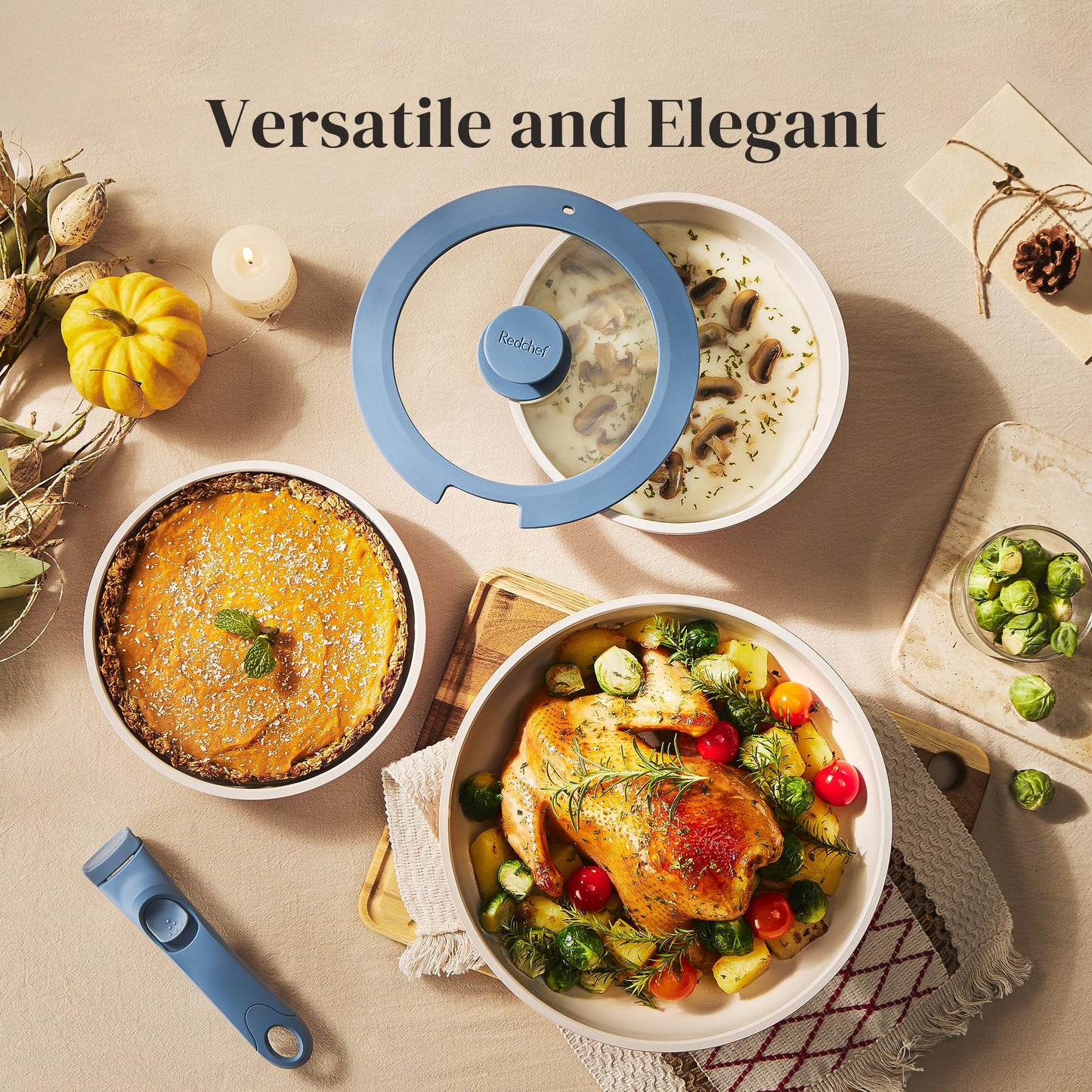 Redchef Ceramic Cookware Set, Removable Handle Pots and Pans Non-Stick, Rv Cookware Set, Non-Toxic Pots and Pans Set No PFAS, PTFE, PFOA, Detachable Pots and Pans, Dishwasher & Oven Safe(Blue)