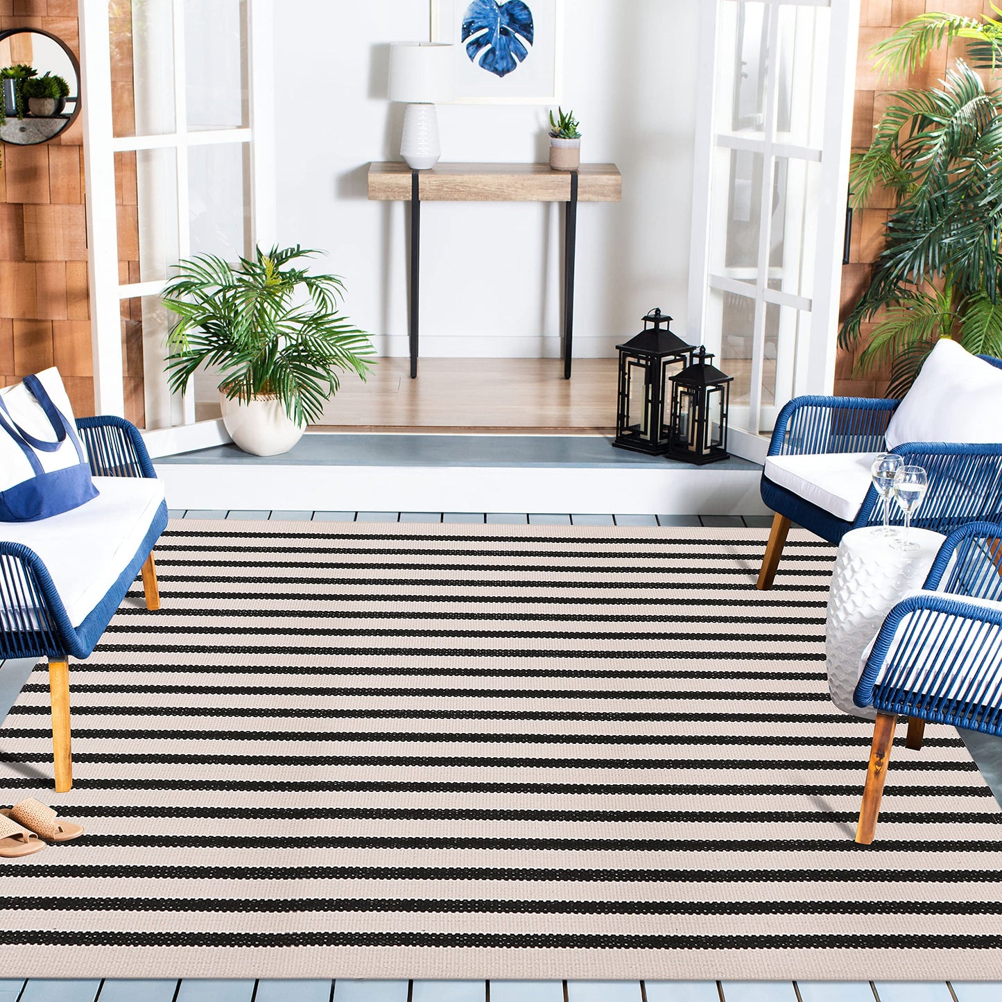 LEEVAN Outdoor Rug 4x6 ft Black and White Striped Patio Rugs, Washable Woven Cotton Boho Living Room Rug Farmhouse Collection Large Floor Carpet for Courtyard/Bedroom
