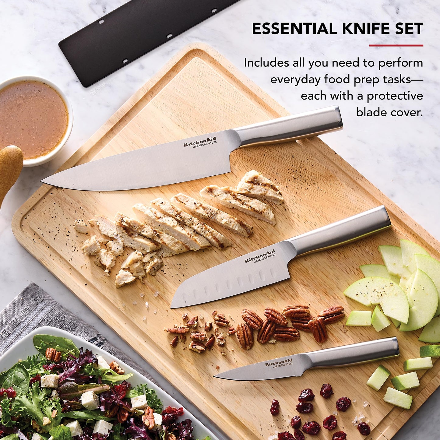 KitchenAid 3 Piece Forged Chef Knife Set Japanese Steel, Includes 8 Inch Chef Knife, 5 Inch Santoku Knife, and 3.5 Inch Paring Knife with Blade Covers