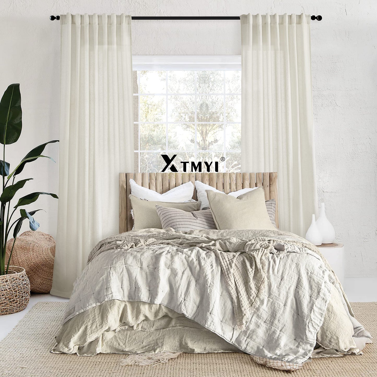 XTMYI 108 Inch Linen Curtains, Extra Long Ceiling Curtain for Track System with Hooks, Sheer Light Filitering 9FT 9 FT Curtains for Living Room Bedroom, Set of 2 Panel, Cream