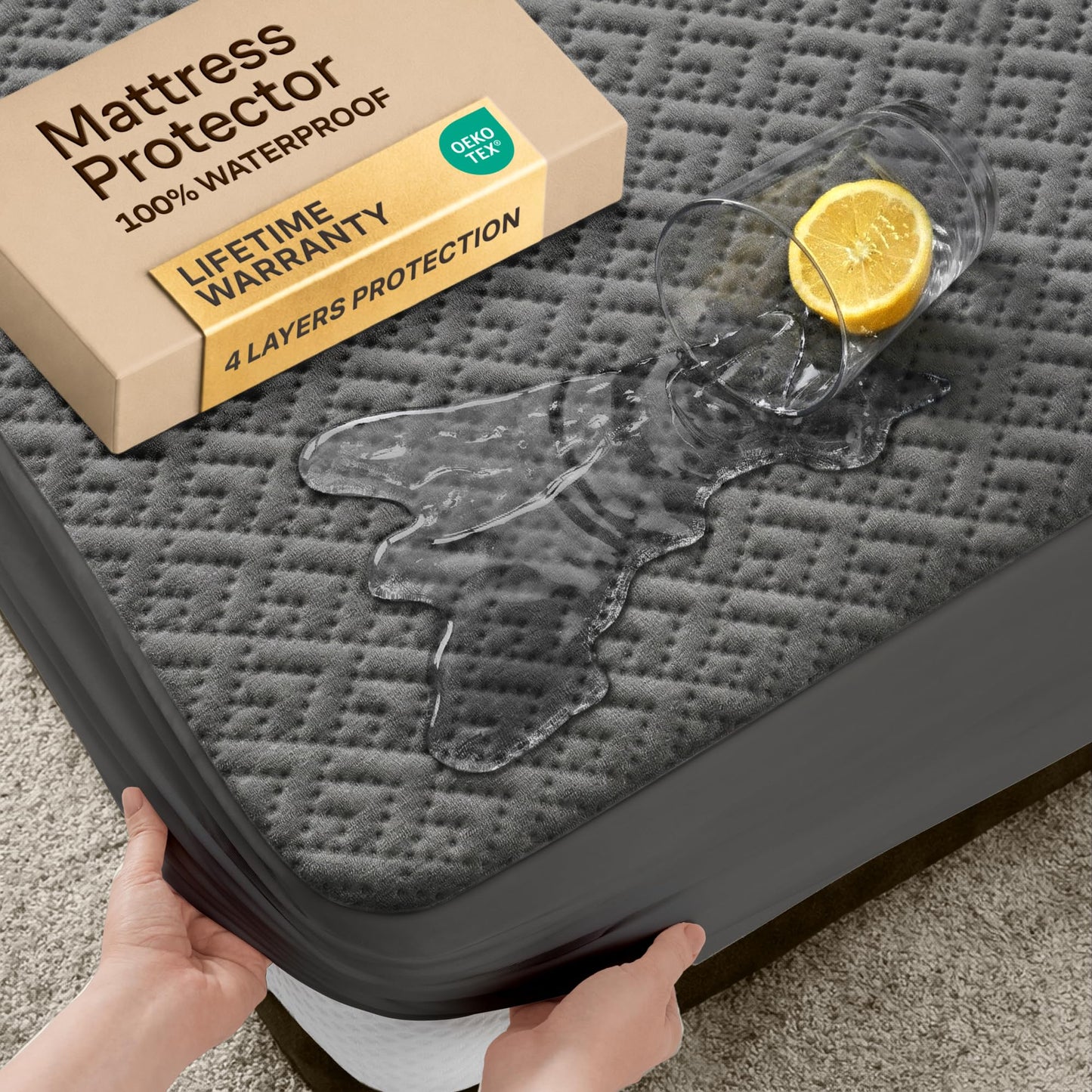 100% Waterproof King Mattress Protector - 360 Pad Protection Against Spills, Stains & Accidents for Parents & Pet Owners - Noiseless & Cooling Viscose Made from Bamboo (Gray)