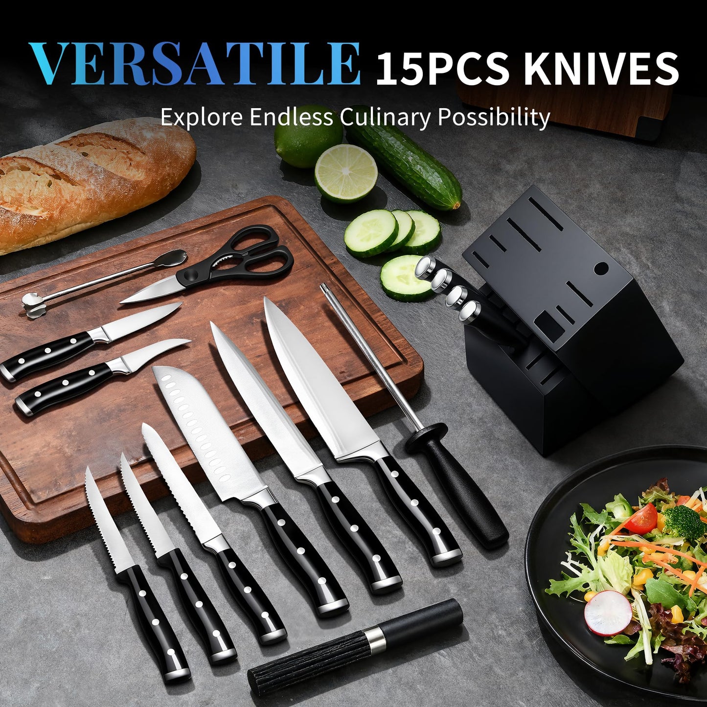 Knife Set, 15 Piece Premium Kitchen Knife Block Set, Razor-Sharp, High Carbon Stainless Steel Chef Knife, Ergonomic Forged Triple Rivet Handle, Black Sharp Knife Set for Kitchen, Dishwasher Safe