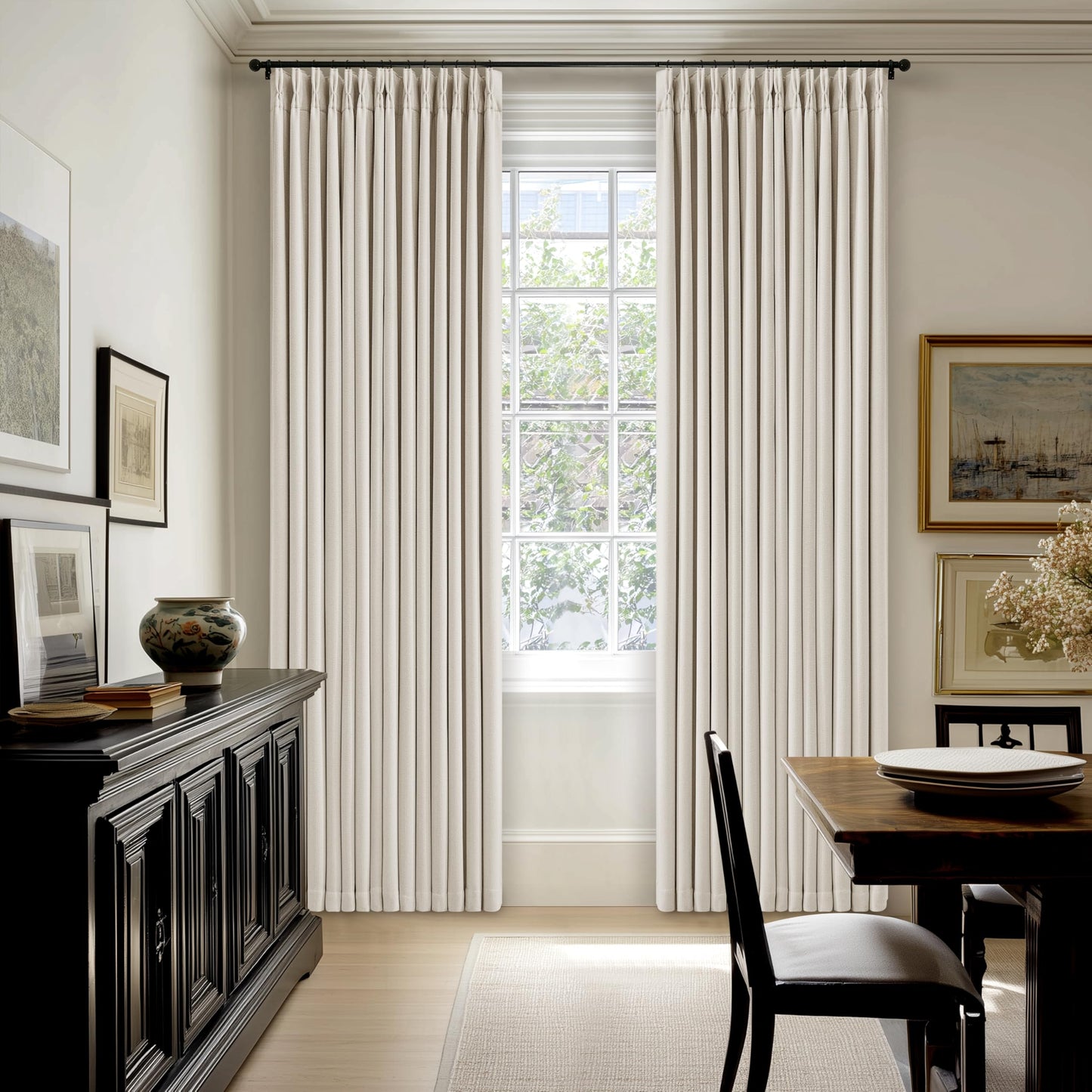 90 Inch Pinch Pleated Blackout Linen Curtains for Bedroom 2 Panels Memory Trained 100% Black Out Soundproof Room Darkening Natural Cream Ivory Birch Window Curtains Double Layer Pinch Pleat Drapes